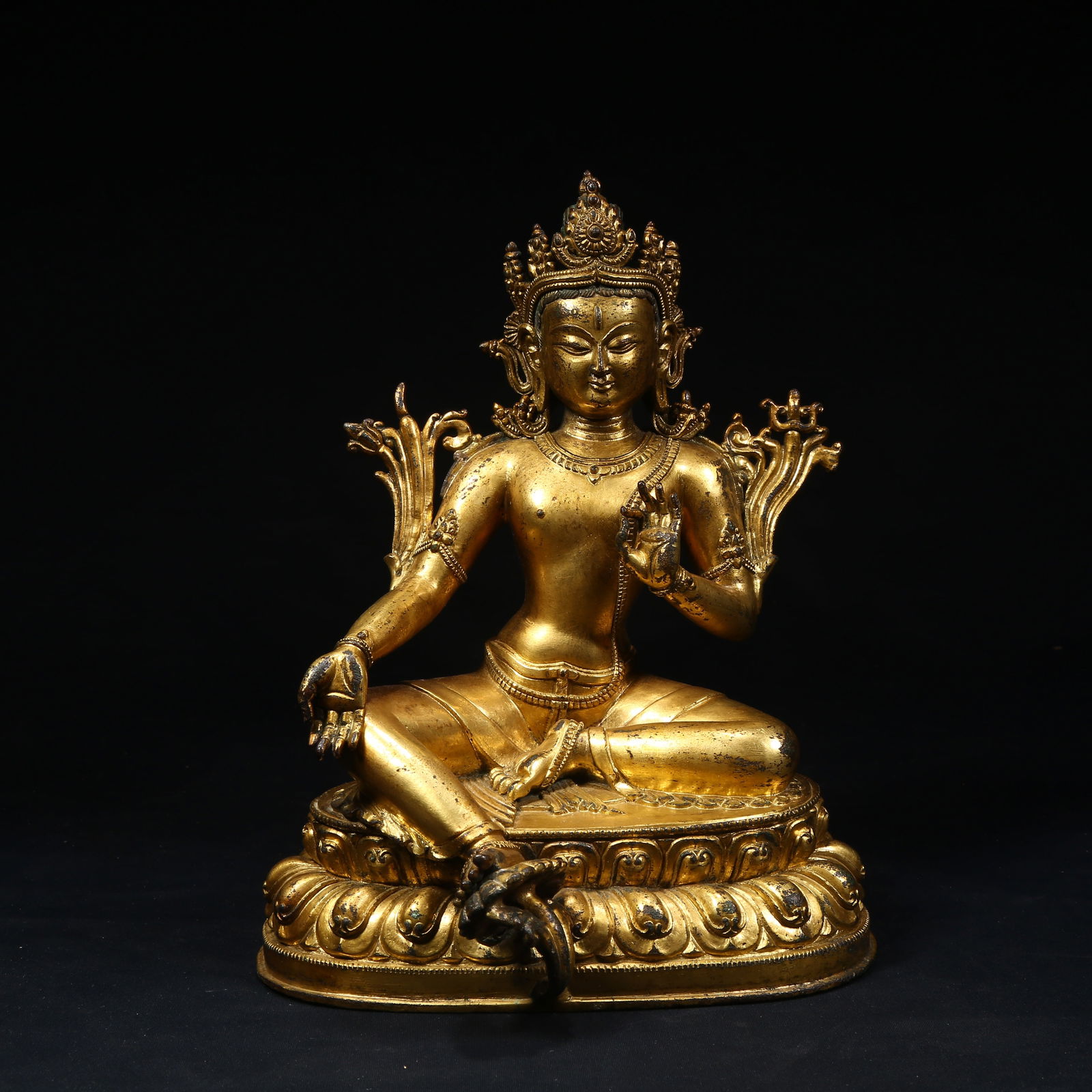 A GILT BRONZE GREEN TARA STATUE: Gilt Bronze Green Tara Statue