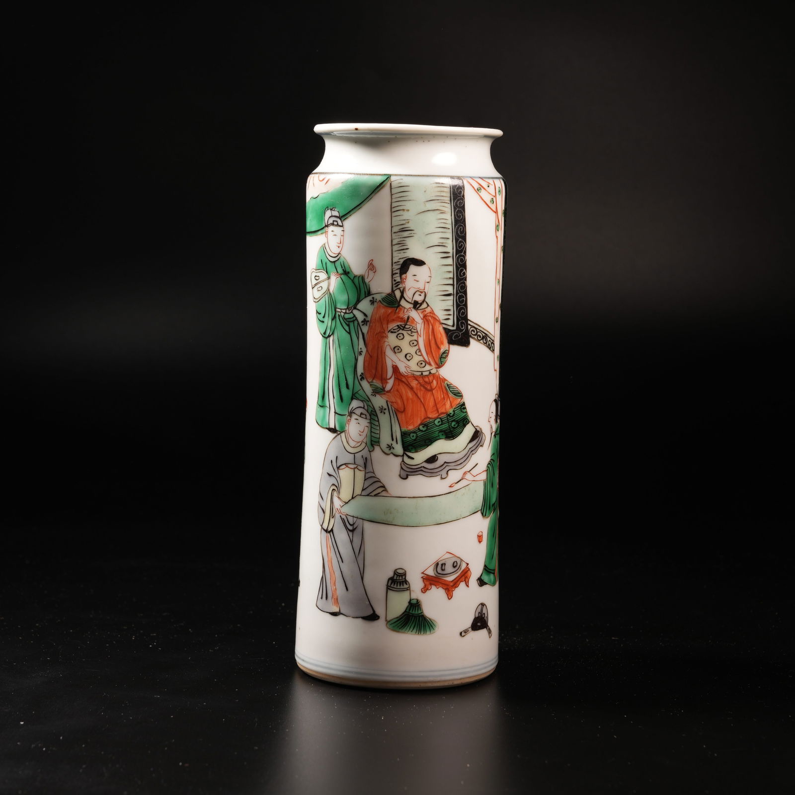 A WUCAI TUBE-SHAPED VASE WITH FIGURE NARRATIVE: Wucai Tube-Shaped Vase with Figure Narrative