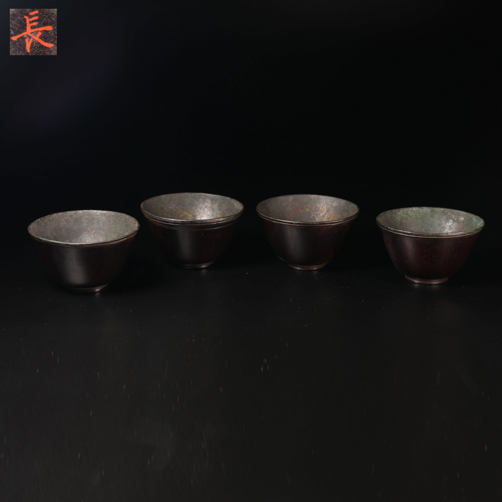 A ZITAN WOOD CUPS INLAID WITH SILVER (SET): Zitan Wood Cups Inlaid with Silver (Set)