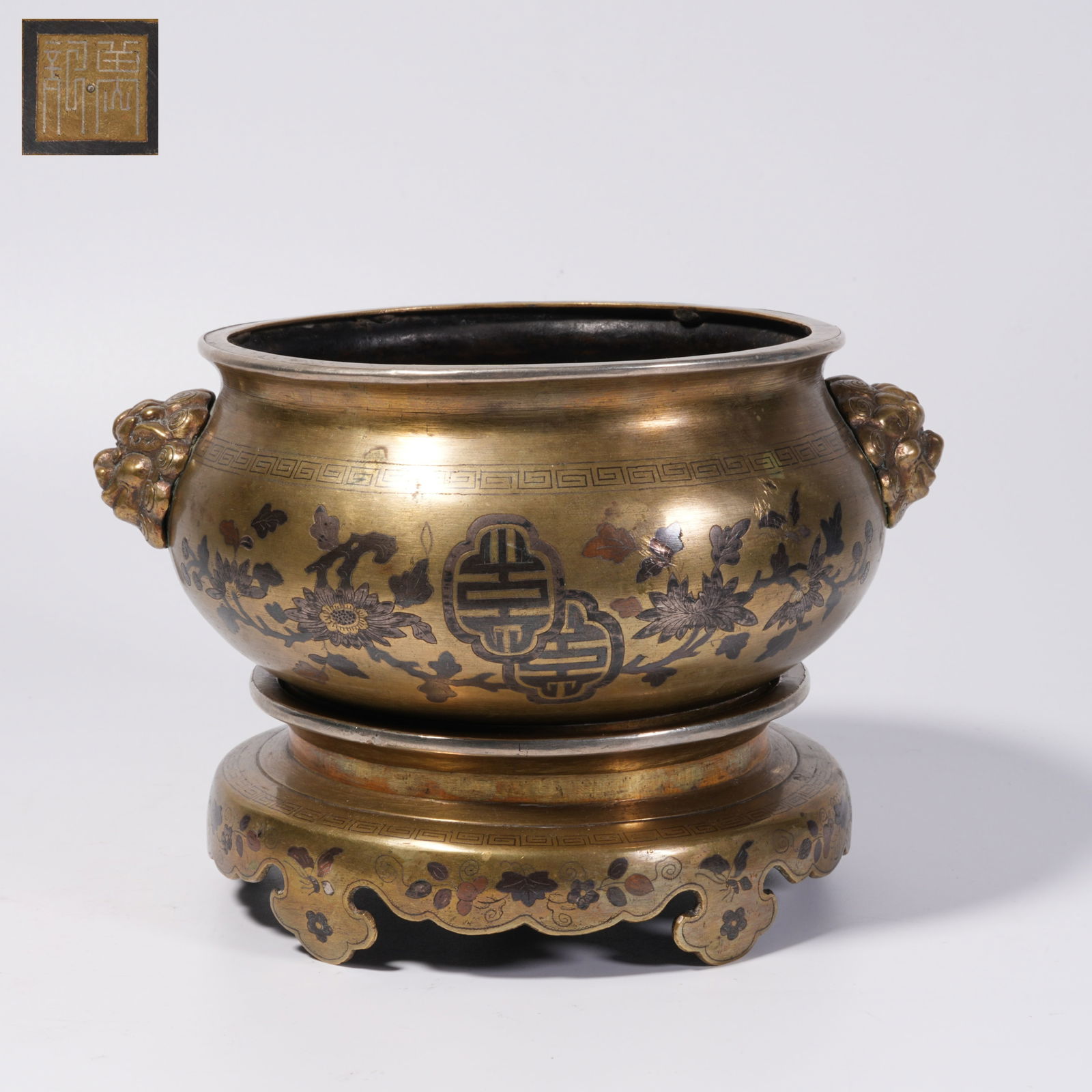 A BRONZE LION-HANDLED CENSER WITH BASE (1 of 9)