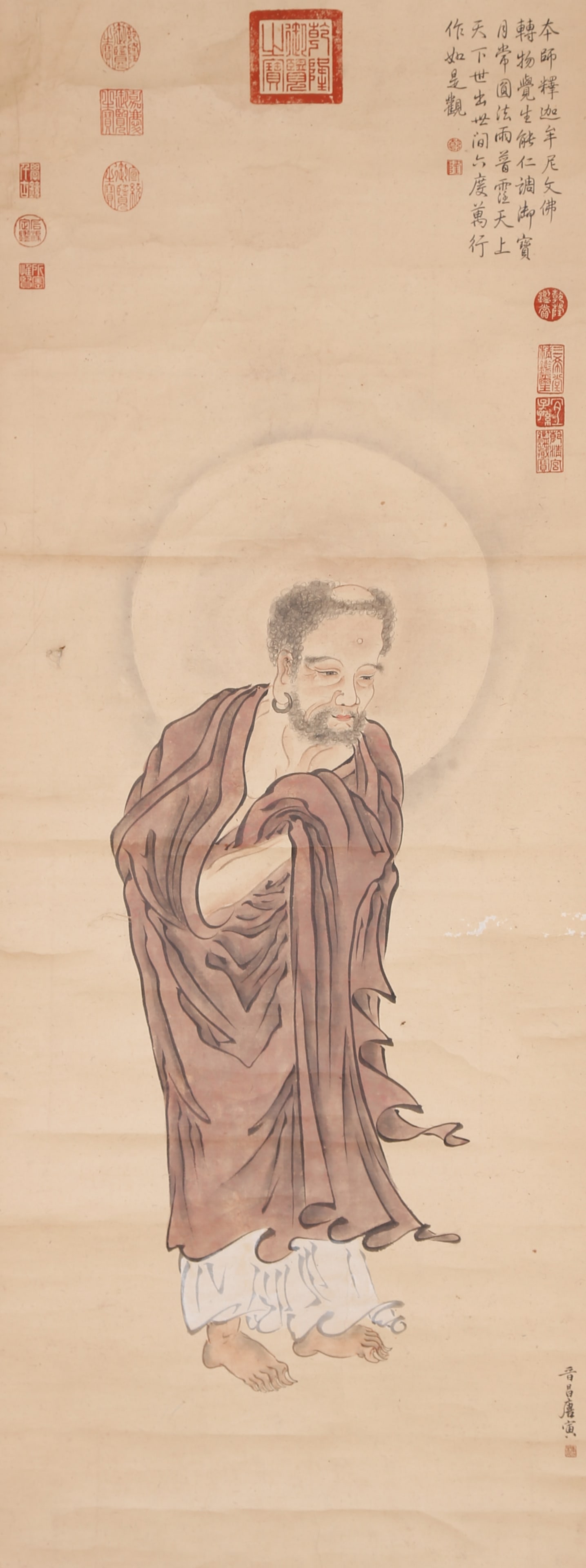 A ARHAT PAINTING ON PAPER BY TANG YIN.唐寅: Arhat Painting on Paper by Tang Yin.唐寅