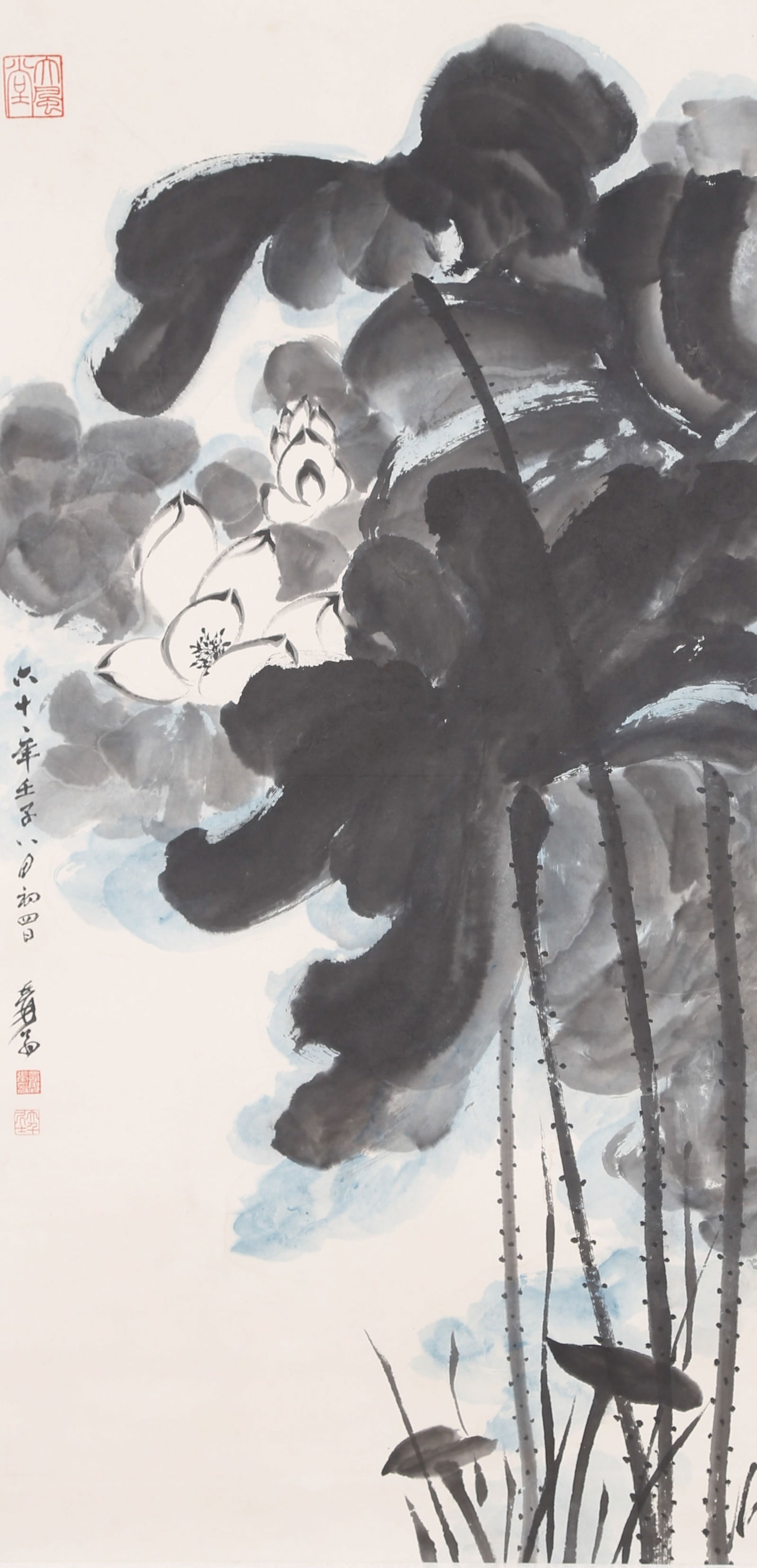A LOTUS PAINTING ON PAPER BY ZHANG DAQIAN.張大千: Lotus Painting on Paper by Zhang Daqian.張大千