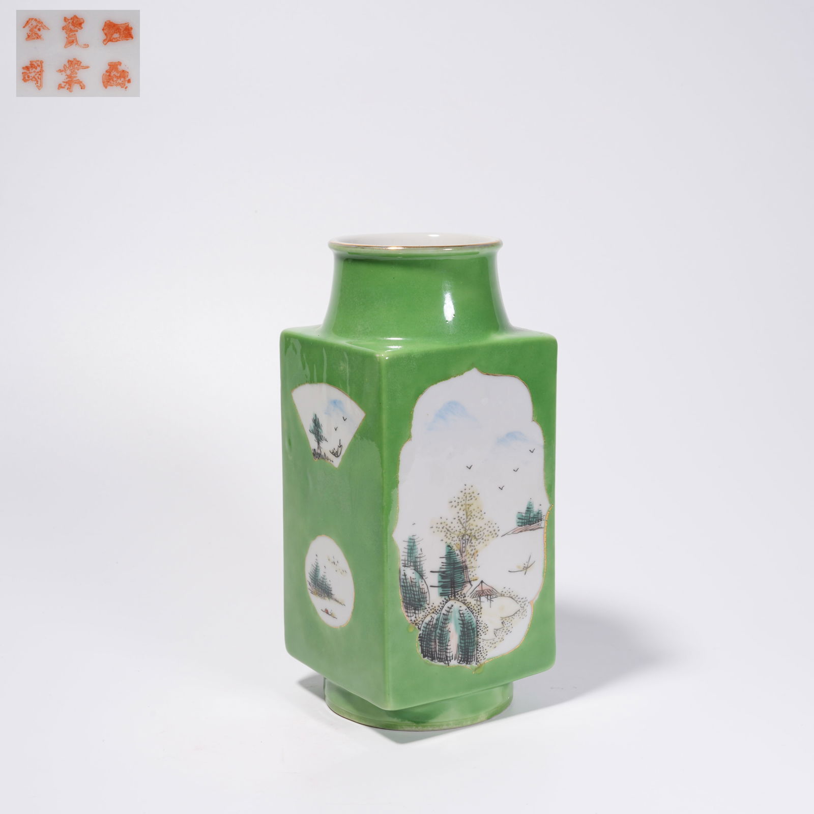 A GREEN-GLAZED OPENWORK FAMILLE ROSE LANDSCAPE SQUARE VASE: Green-Glazed Openwork Famille Rose Landscape Square Vase