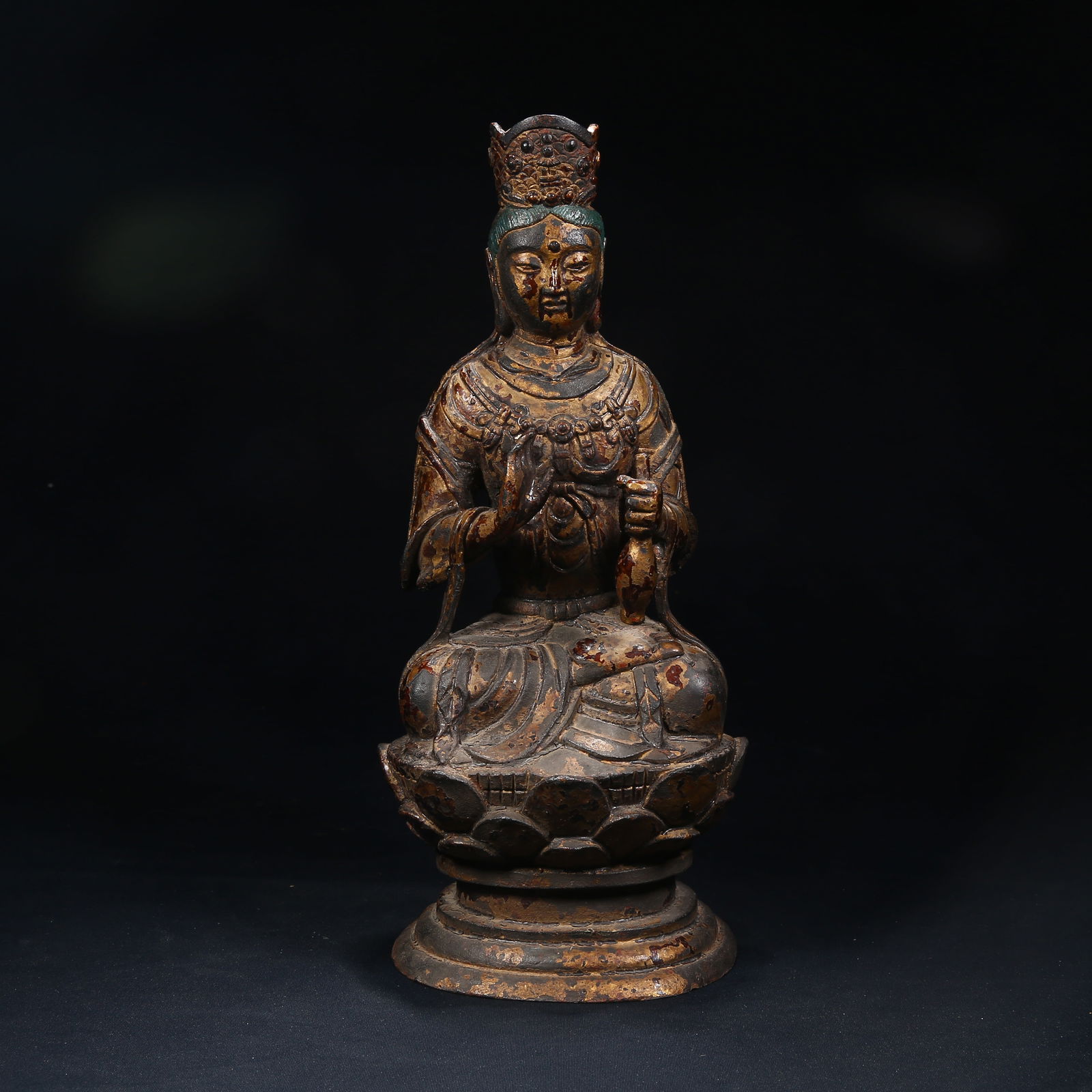 A LACQUERED GILT BRONZE MAITREYA BODHISATTVA: Lacquered Gilt Bronze Maitreya Bodhisattva