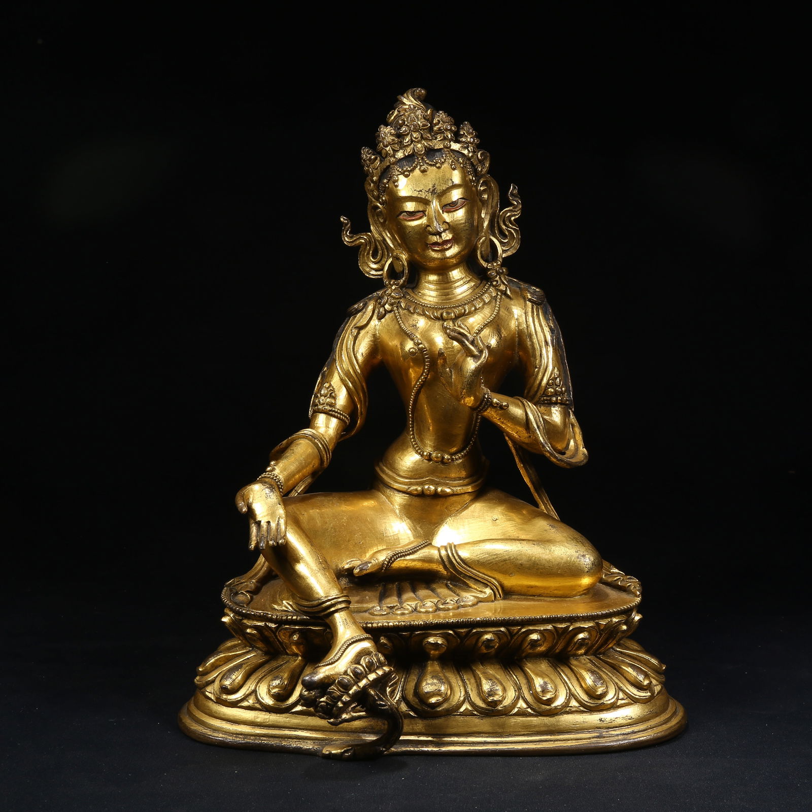 A GILT BRONZE GREEN TARA STATUE: Gilt Bronze Green Tara Statue