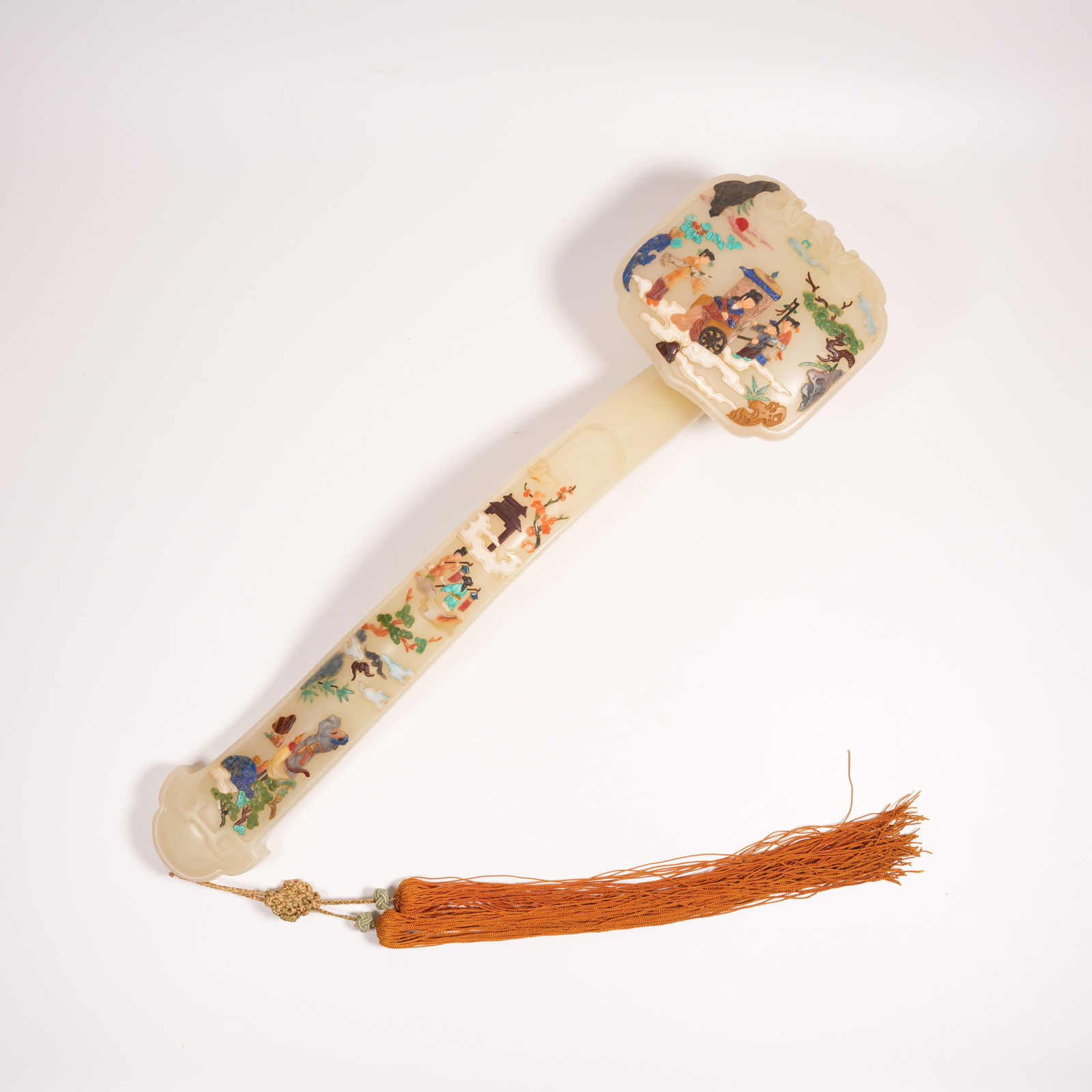 A INLAID RUYI WITH FIGURE NARRATIVE IN PRECIOUS MATERIALS: Inlaid Ruyi with Figure Narrative in Precious Materials