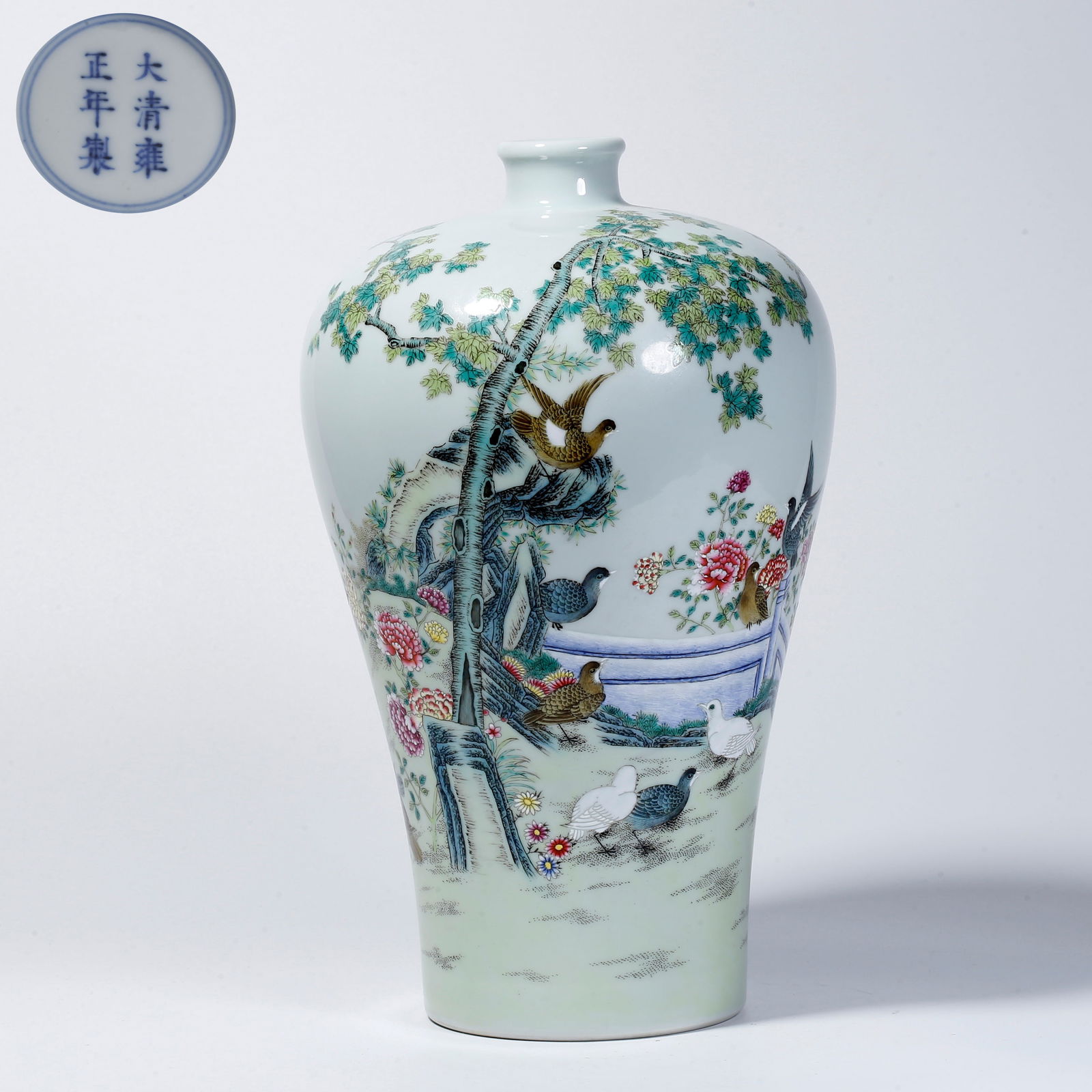 A FAMILLE ROSE MEIPING VASE WITH BIRD AND FLOWER DESIGN: Famille rose meiping vase with bird and flower design