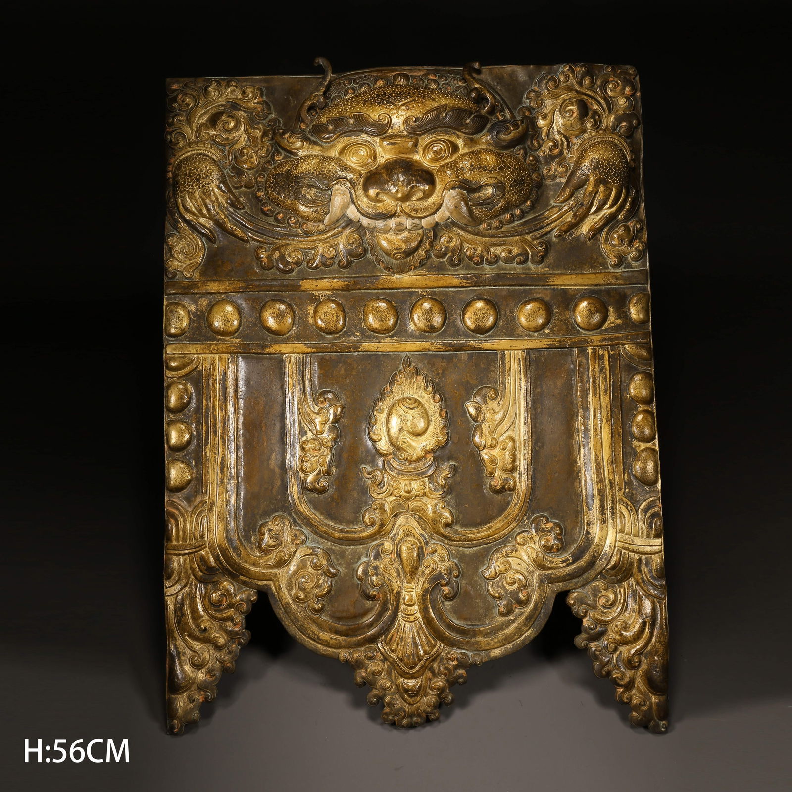 A GILDED BRONZE HAMMERED ZHIBAZA BUDDHA PLAQUE: Gilded bronze hammered Zhibaza Buddha plaque