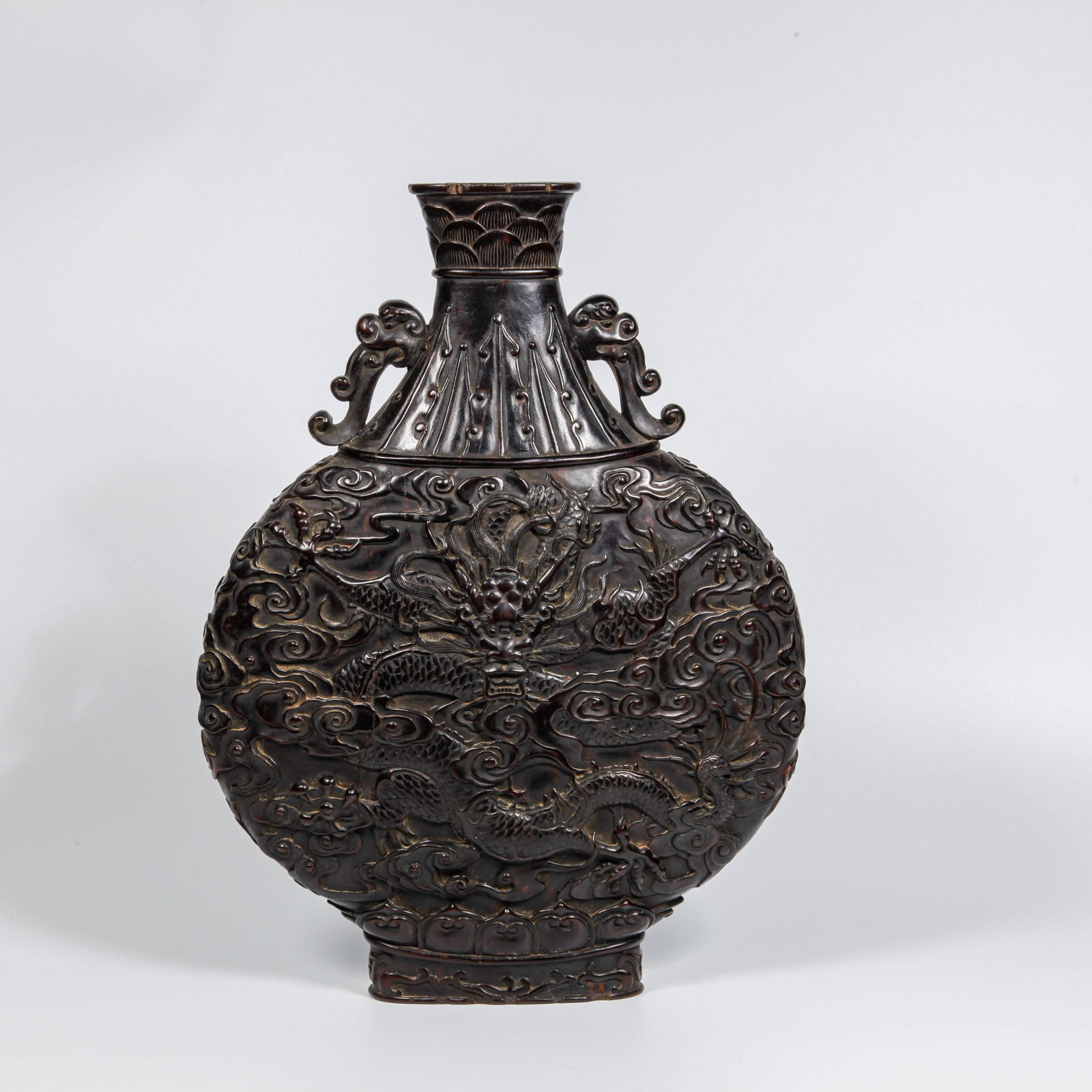 A ZITAN WOOD CARVED CLOUD AND DRAGON PATTERN DOUBLE-HANDLED BOTTLE (1 of 10)
