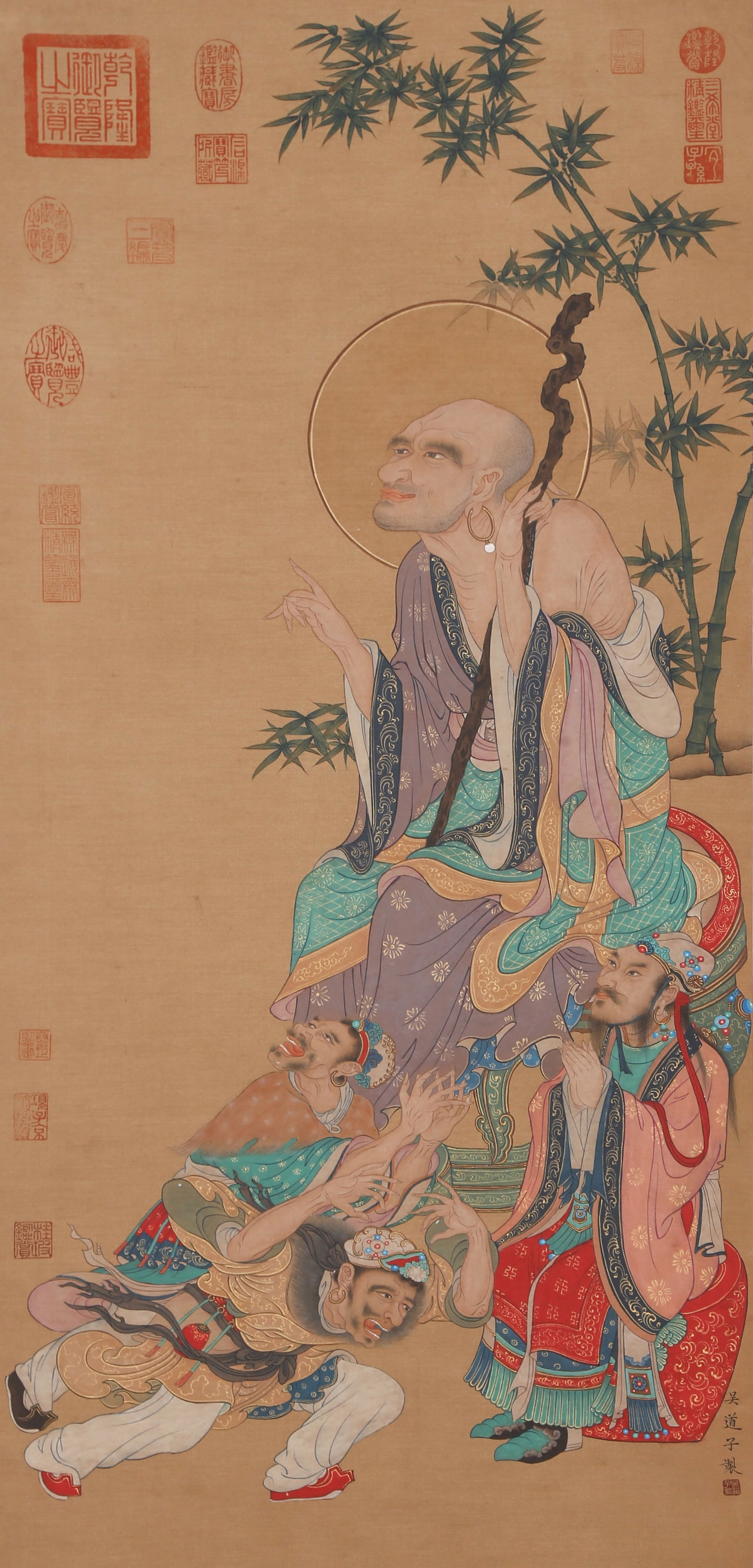 A ARHAT PAINTING ON SILK BY WU DAOZI.吳道子: Arhat Painting on Silk by Wu Daozi.吳道子