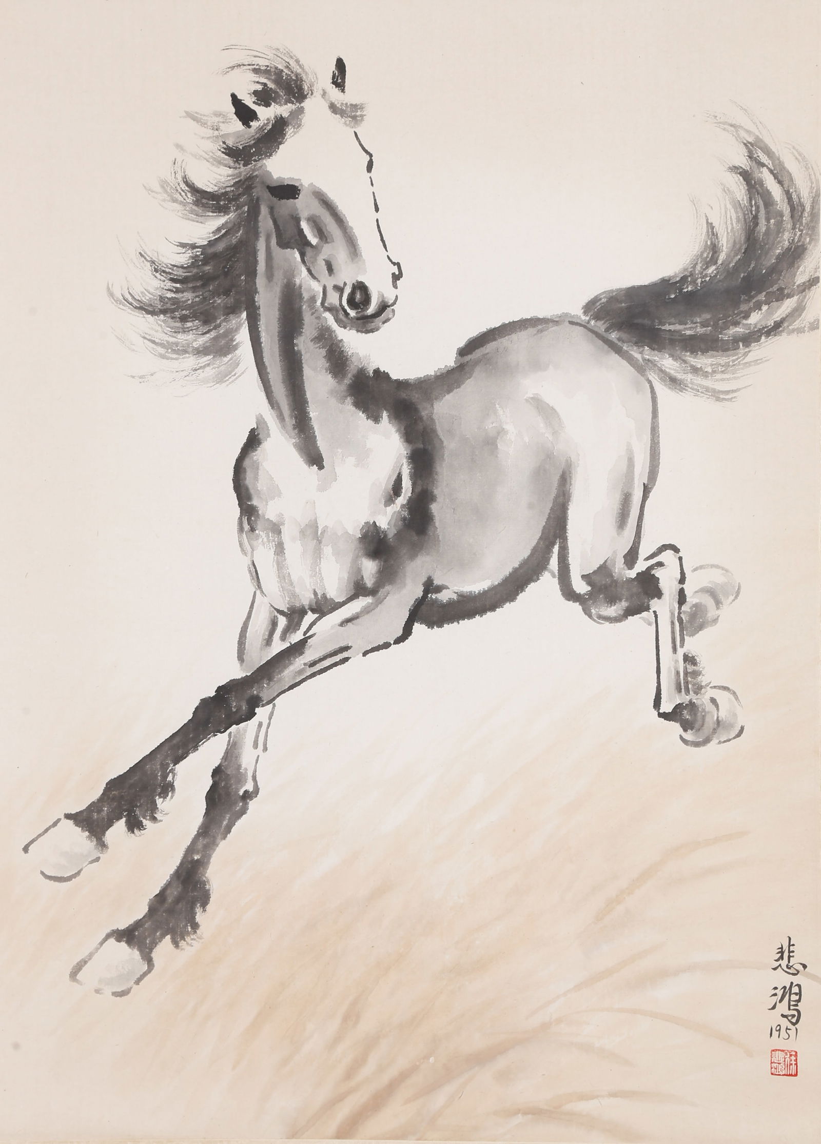 A HORSE PAINTING ON PAPER BY XU BEIHONG.徐悲鴻: Horse Painting on Paper by Xu Beihong.徐悲鴻