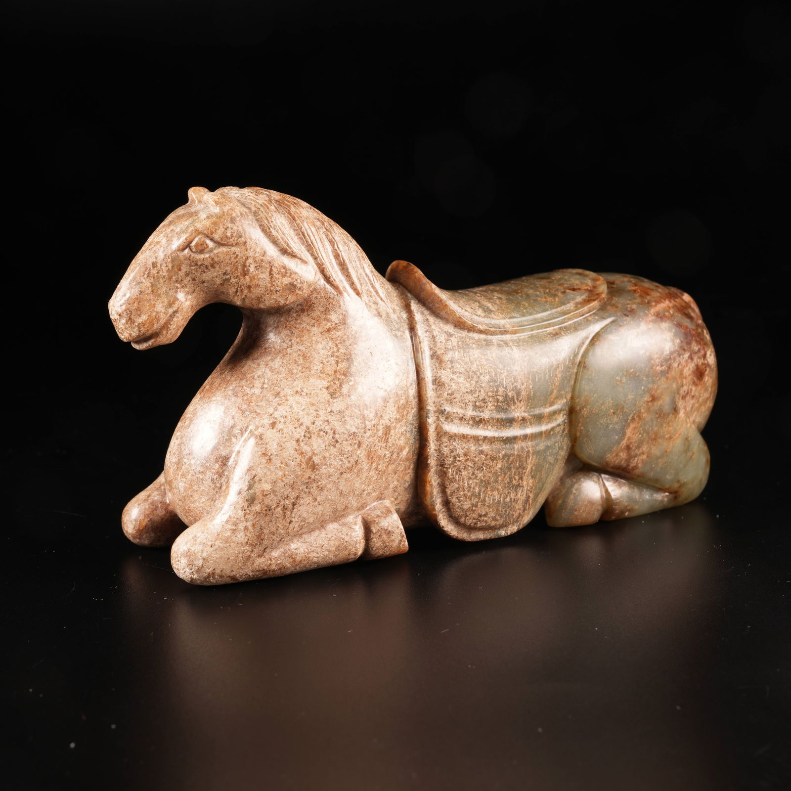 A RECLINING HORSE ORNAMENT IN ARCHAIC JADE: Reclining Horse Ornament in Archaic Jade