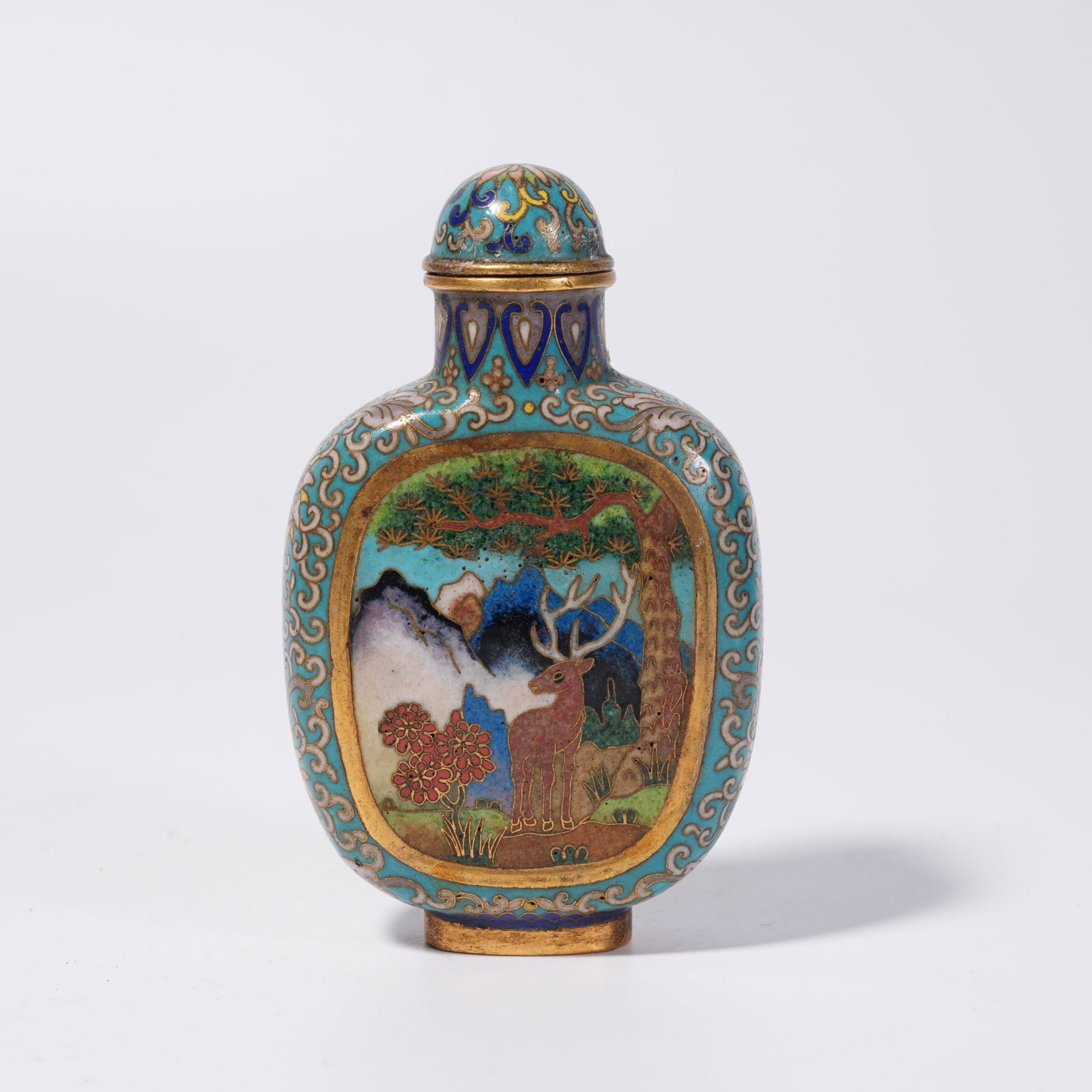A CLOISONNÉ BRONZE SNUFF BOTTLE WITH DEER PATTERN: Cloisonné Bronze Snuff Bottle with Deer Pattern