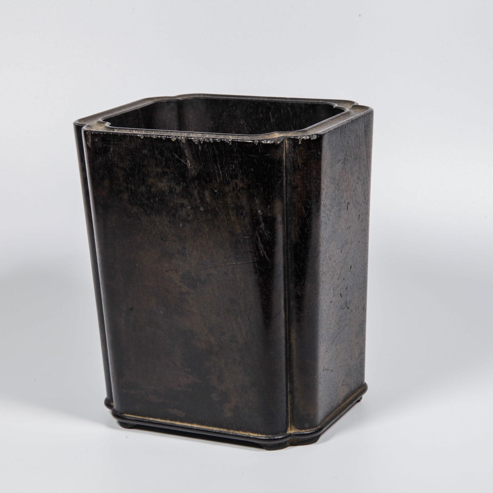 A ZITAN WOOD CARVED SQUARE BRUSH HOLDER: Zitan Wood Carved Square Brush Holder