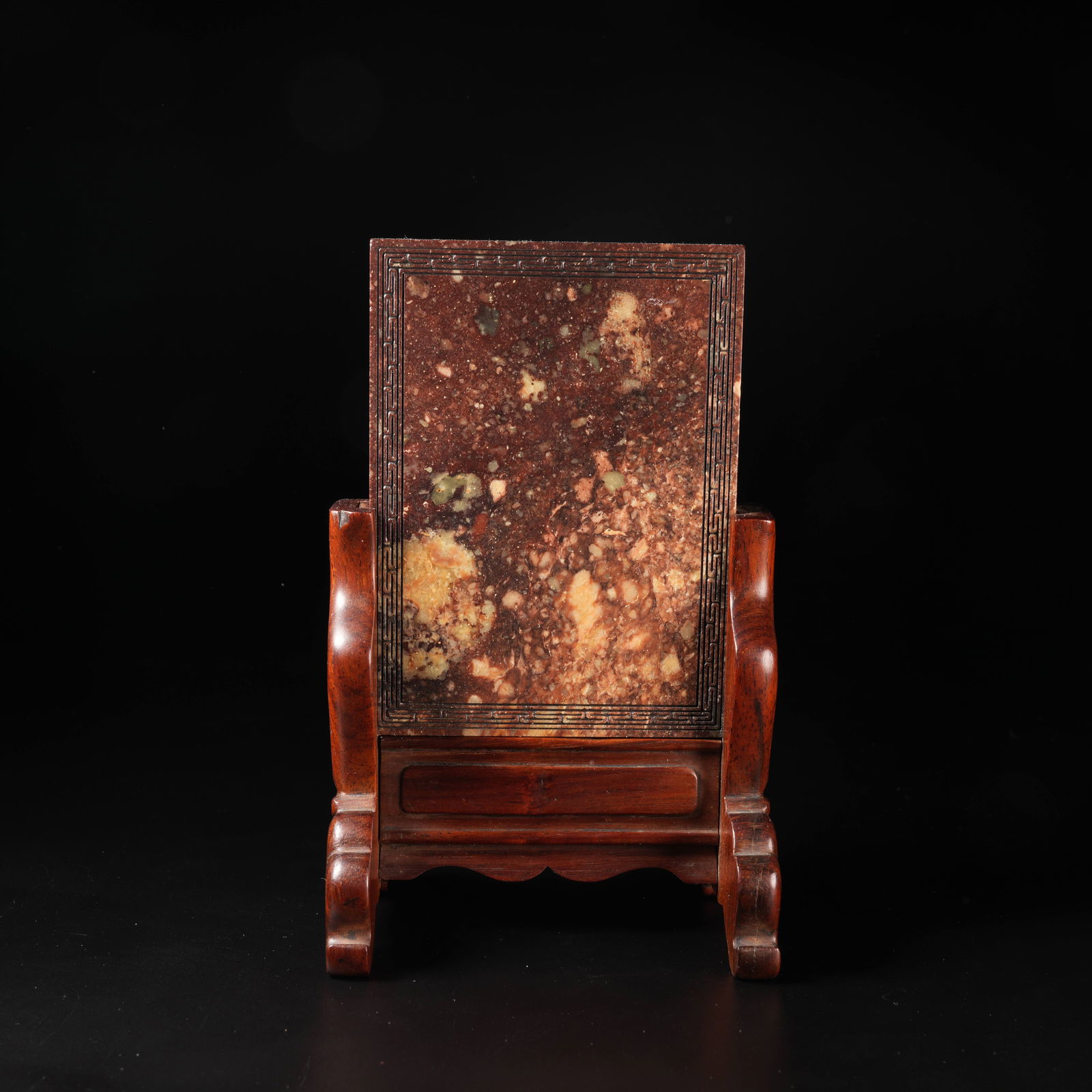 A HUANGHUALI WOOD SCREEN INLAID WITH SHOUSHAN STONE: Huanghuali Wood Screen Inlaid with Shoushan Stone