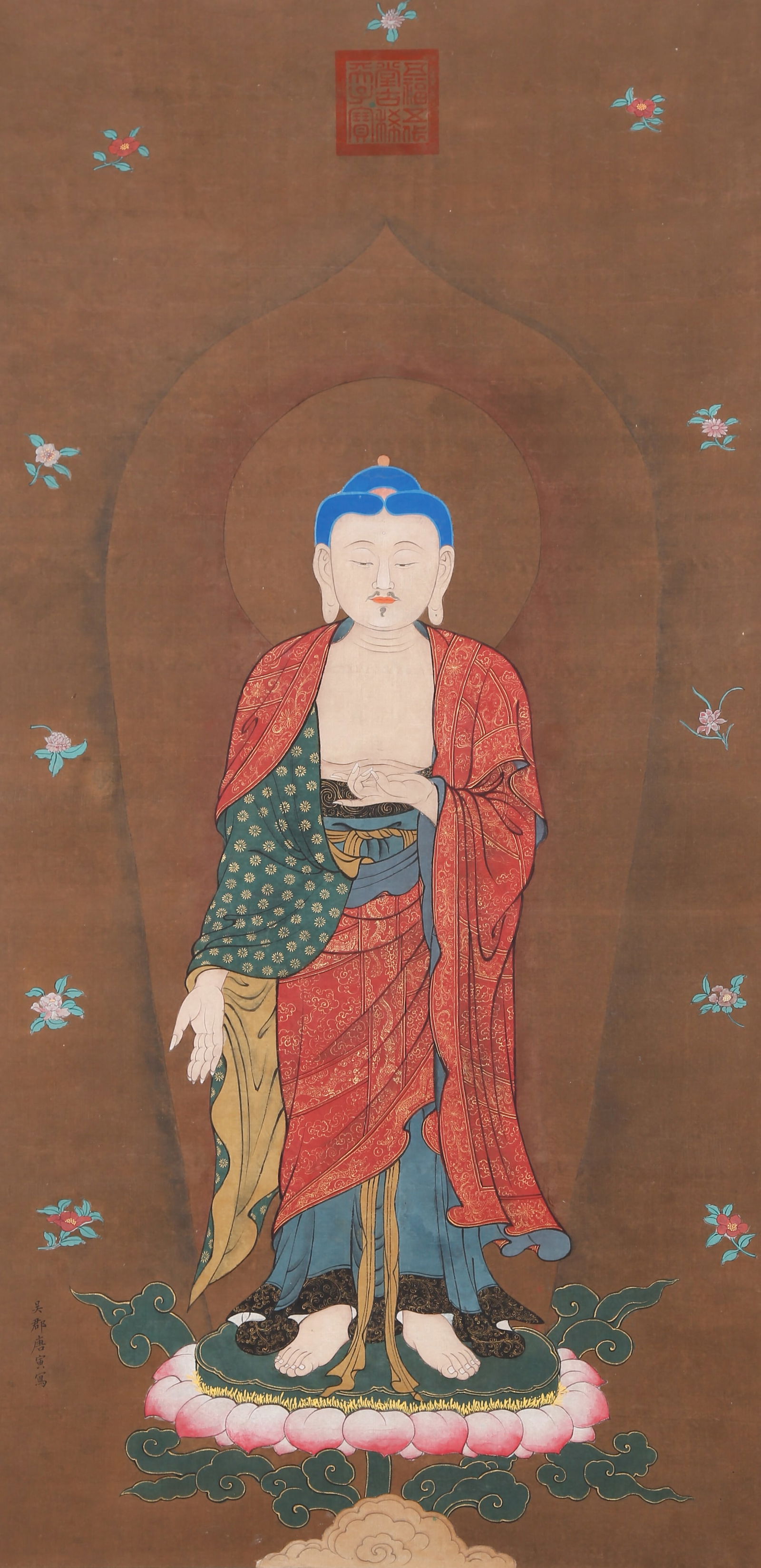 A STANDING BODHISATTVA ON SILK BY TANG YIN.唐寅: Standing Bodhisattva on Silk by Tang Yin.唐寅