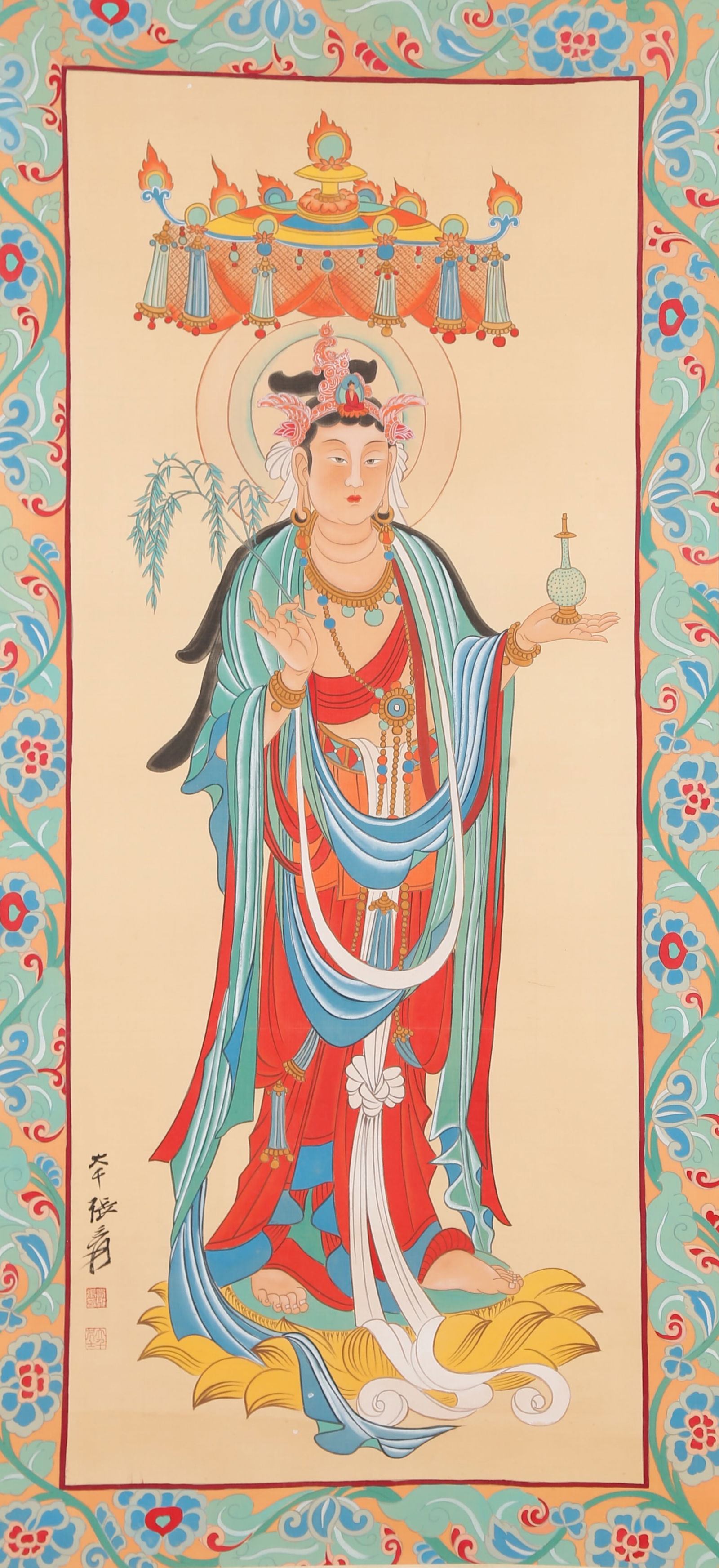 A STANDING BODHISATTVA ON SILK BY ZHANG DAQIAN.張大千: Standing Bodhisattva on Silk by Zhang Daqian.張大千