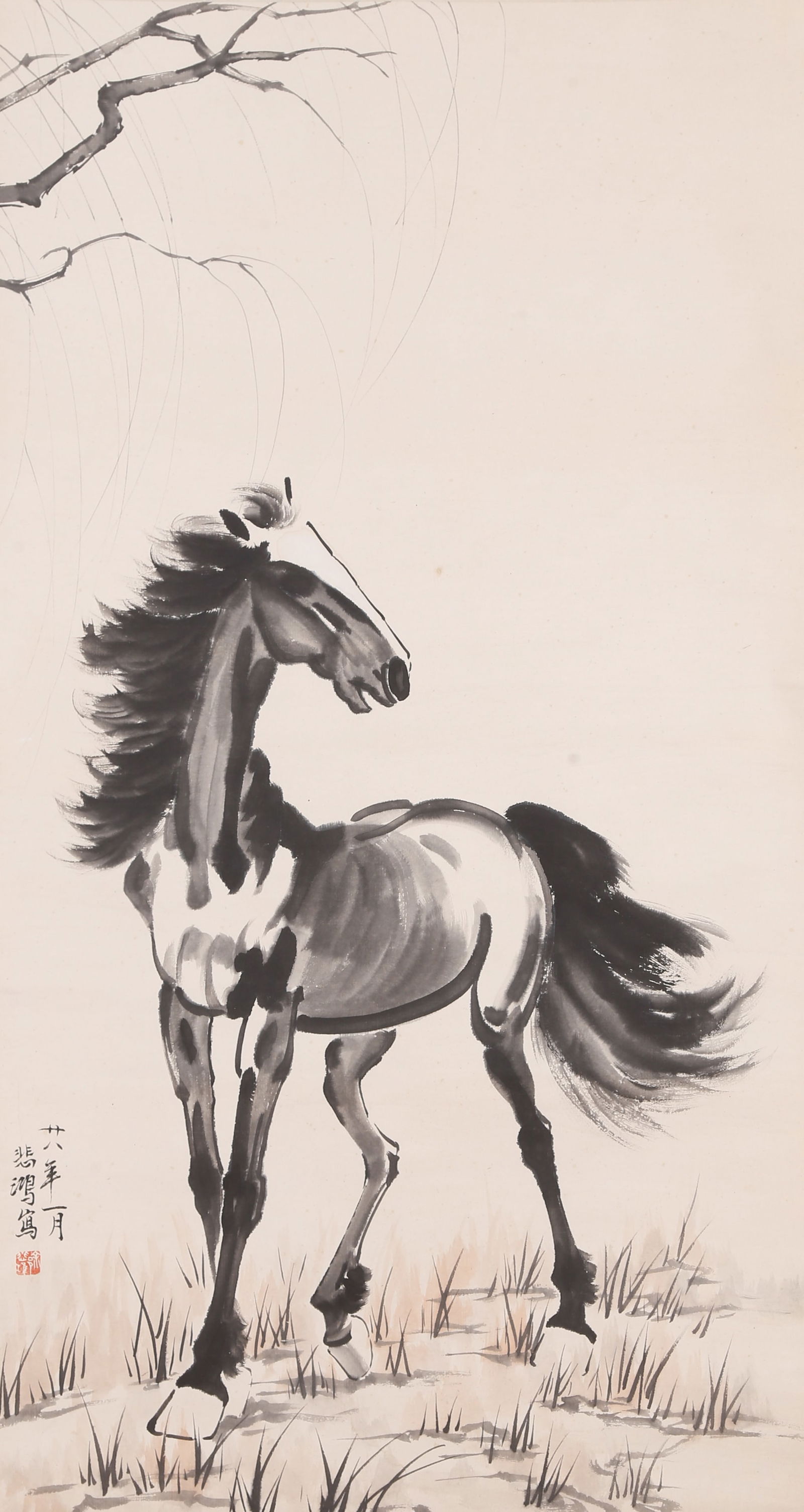 A GALLOPING HORSE ON PAPER BY XU BEIHONG.徐悲鴻: Galloping Horse on Paper by Xu Beihong.徐悲鴻