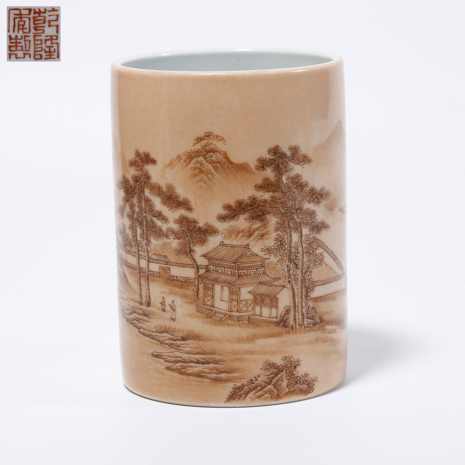 A FAMILLE ROSE BRUSH POT WITH LANDSCAPE DESIGN: Famille rose brush pot with landscape design