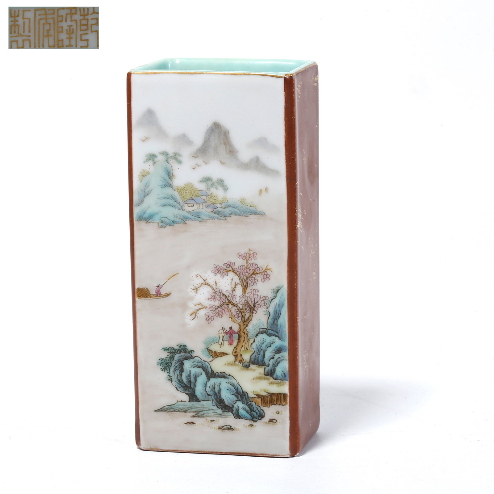 A FAMILLE ROSE BRUSH POT WITH LANDSCAPE DESIGN (1 of 9)