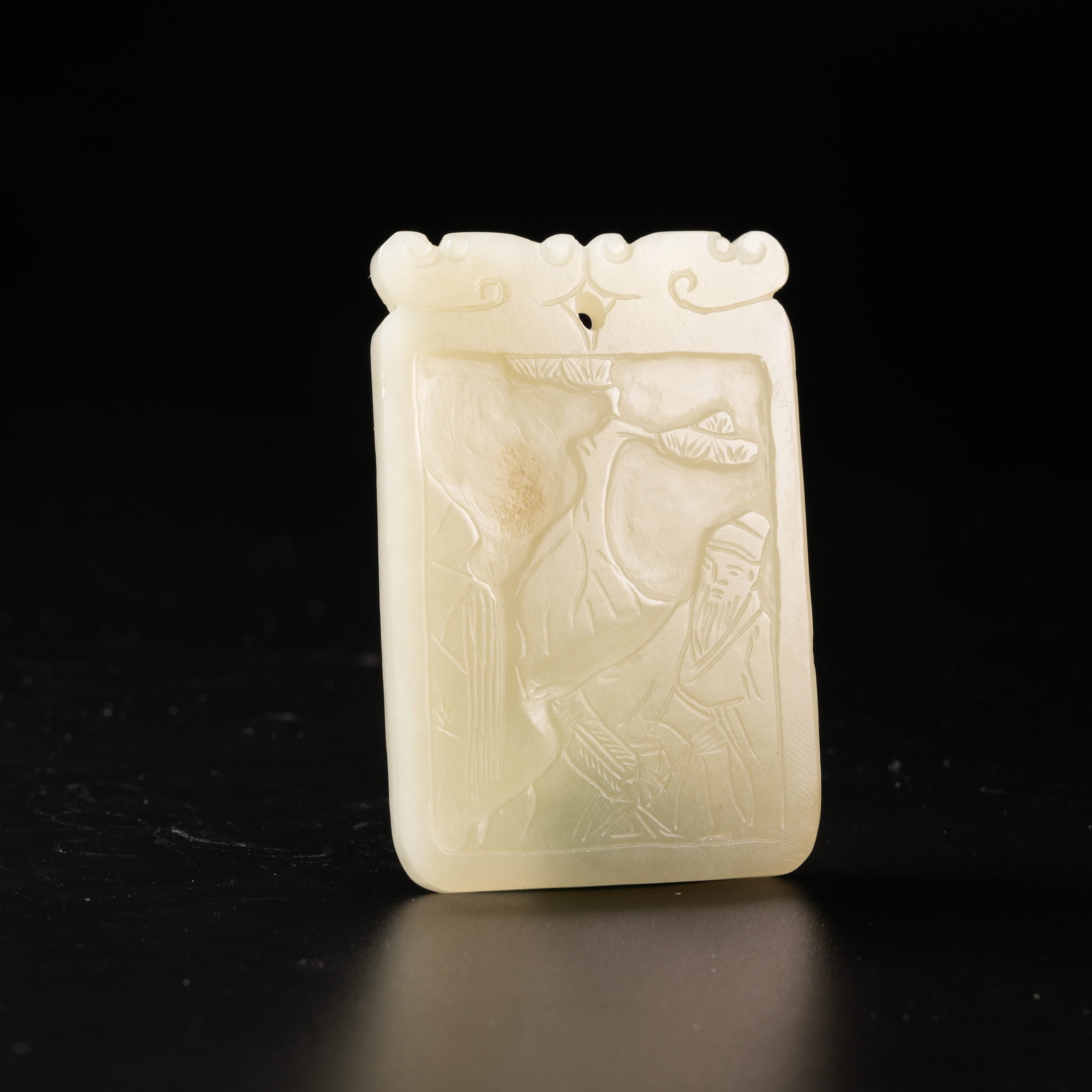 A HETIAN JADE PLAQUE WITH SCHOLAR UNDER PINE DESIGN: Hetian Jade Plaque with Scholar under Pine Design