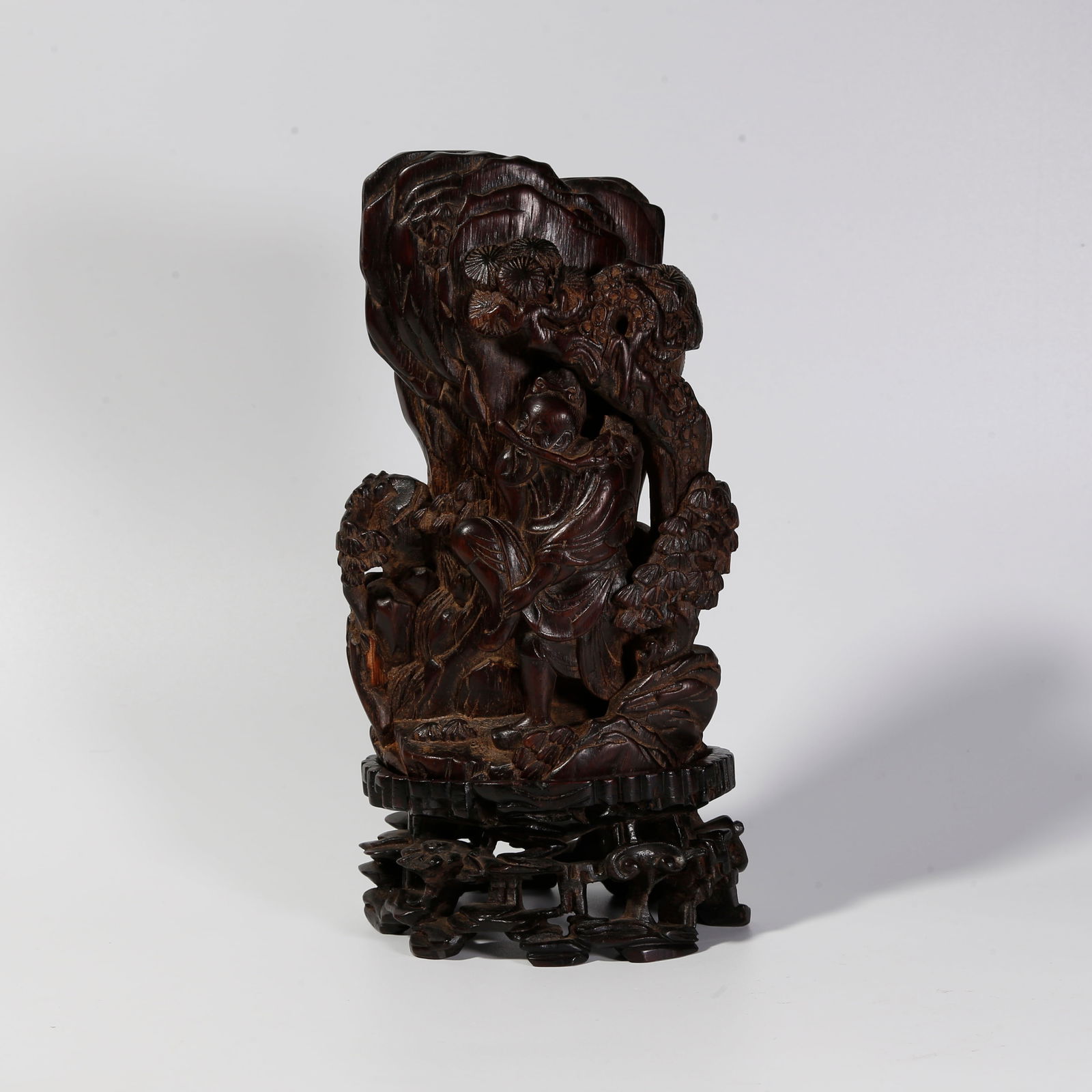 A ZITAN WOOD CARVED FIGURE MINIATURE LANDSCAPE ORNAMENT: Zitan wood carved figure miniature landscape ornament