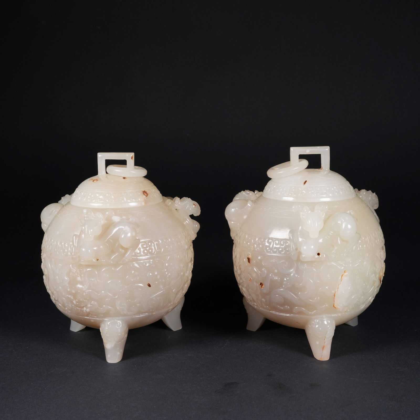 A SET OF HETIAN JADE INCENSE BURNERS WITH "THREE RAMS BRINGING PROSPERITY" MOTIF: Set of Hetian jade incense burners with "Three Rams Bringing Prosperity" motif