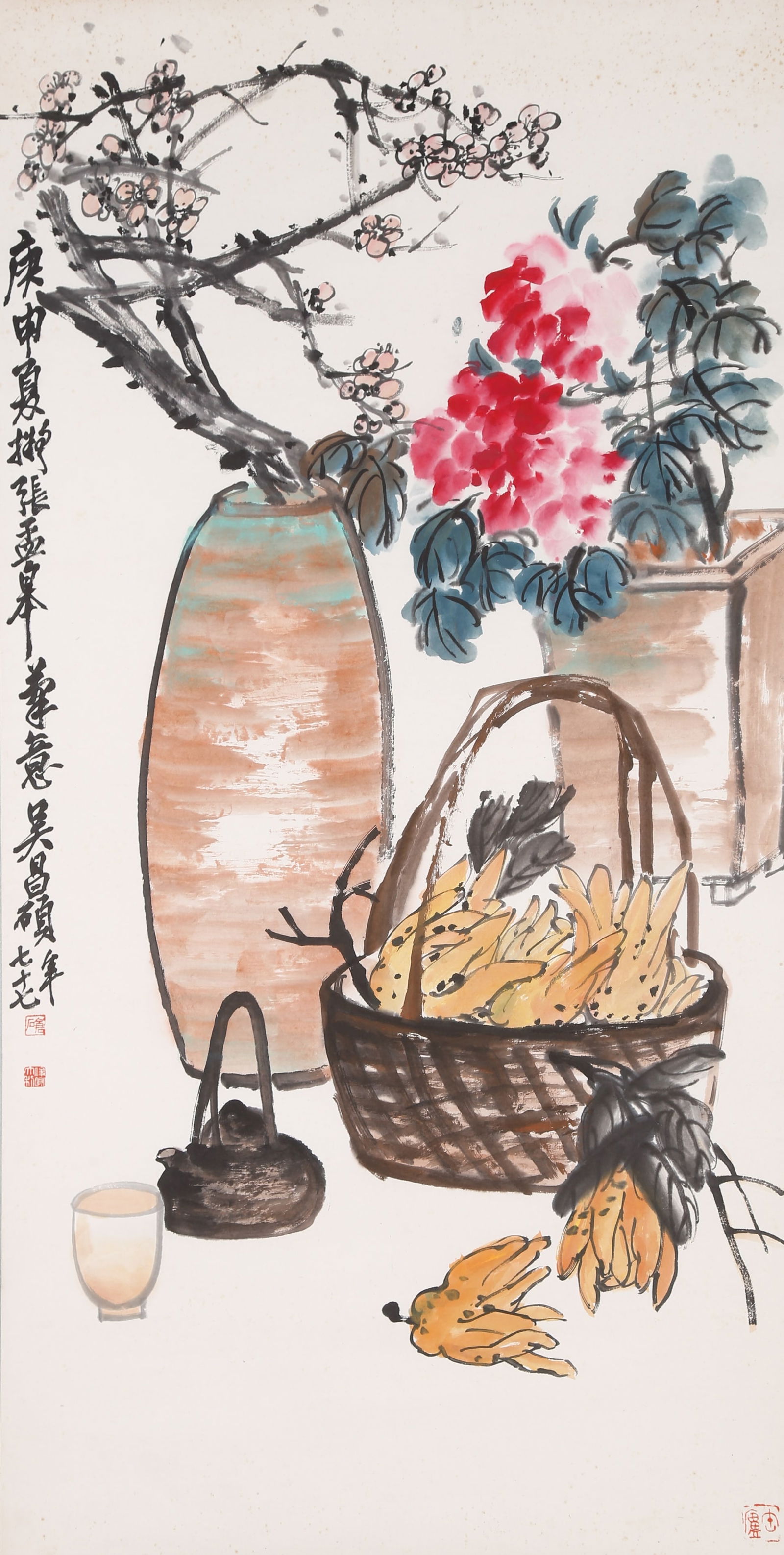 A STILL LIFE (QINGGONG) PAINTING ON PAPER BY WU CHANGSHUO.吳昌碩: Still Life (Qinggong) Painting on Paper by Wu Changshuo.吳昌碩