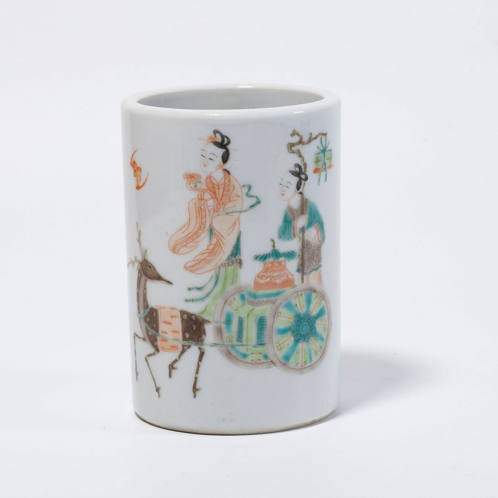 A FAMILLE ROSE BRUSH POT WITH FIGURE STORY DESIGN: Famille rose brush pot with figure story design