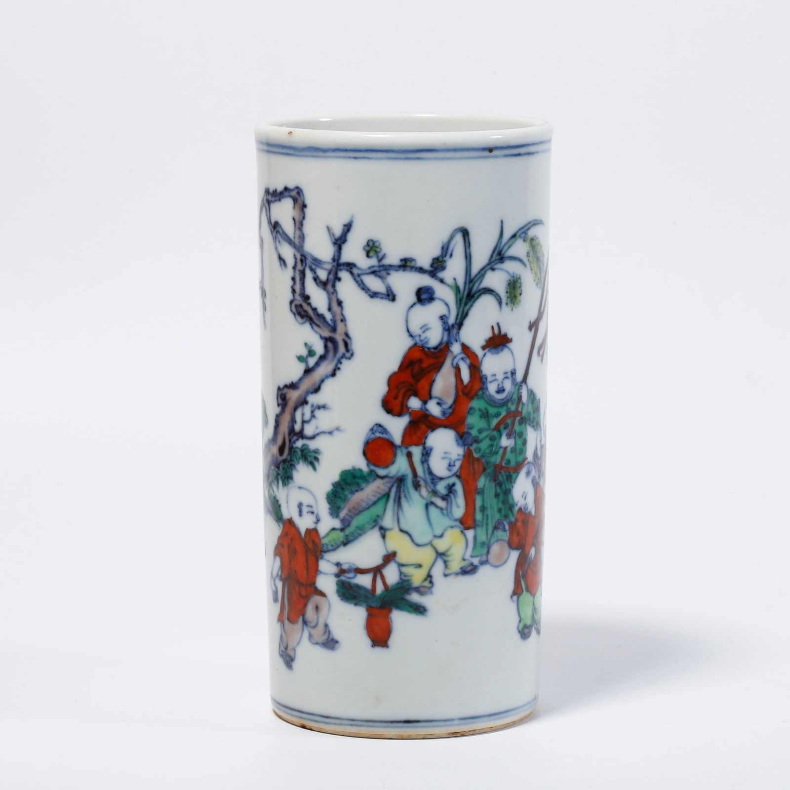 A FAMILLE ROSE BRUSH POT WITH BOYS-AT-PLAY DESIGN: Famille rose brush pot with boys-at-play design