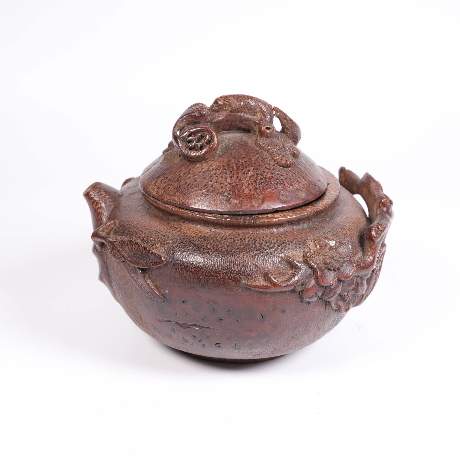 A BAMBOO-ROOT CARVED FLORAL INCENSE BURNER: Bamboo-Root Carved Floral Incense Burner