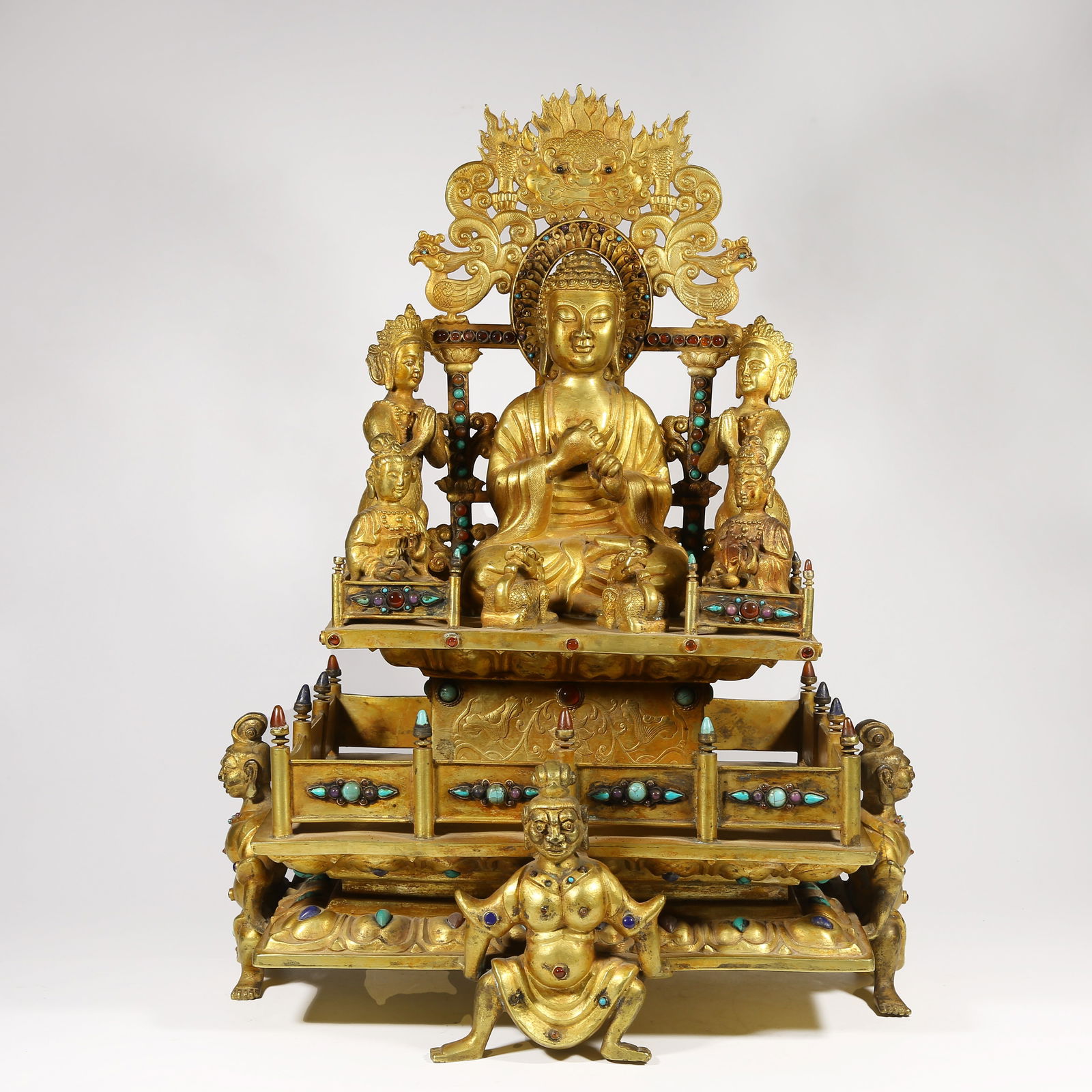 A GILDED BRONZE SHAKYAMUNI BUDDHA STATUE INLAID WITH GEMSTONES: Gilded Bronze Shakyamuni Buddha Statue Inlaid with Gemstones
