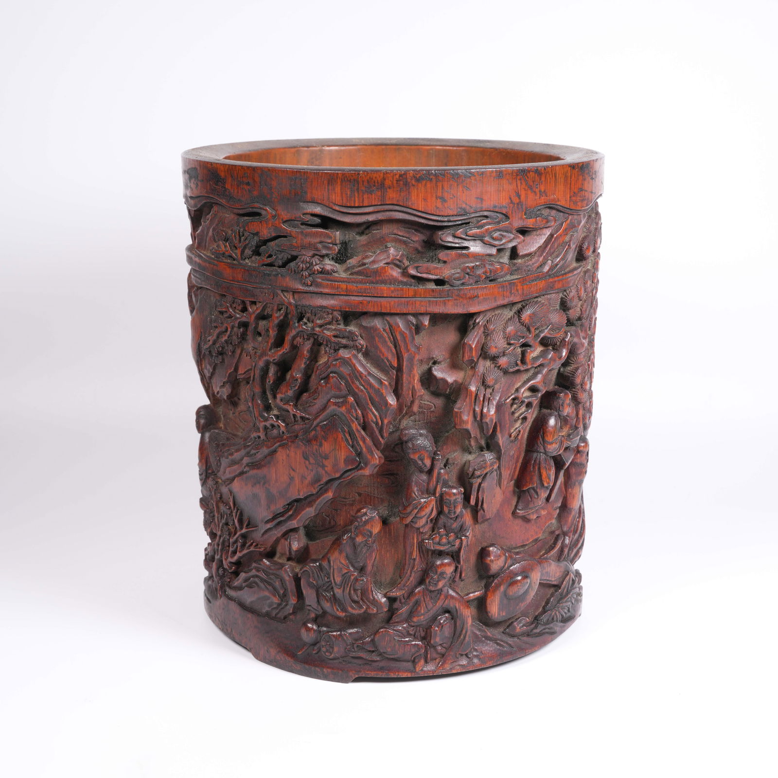A BAMBOO-CARVED BRUSH POT WITH FIGURAL NARRATIVE SCENES: Bamboo-Carved Brush Pot with Figural Narrative Scenes