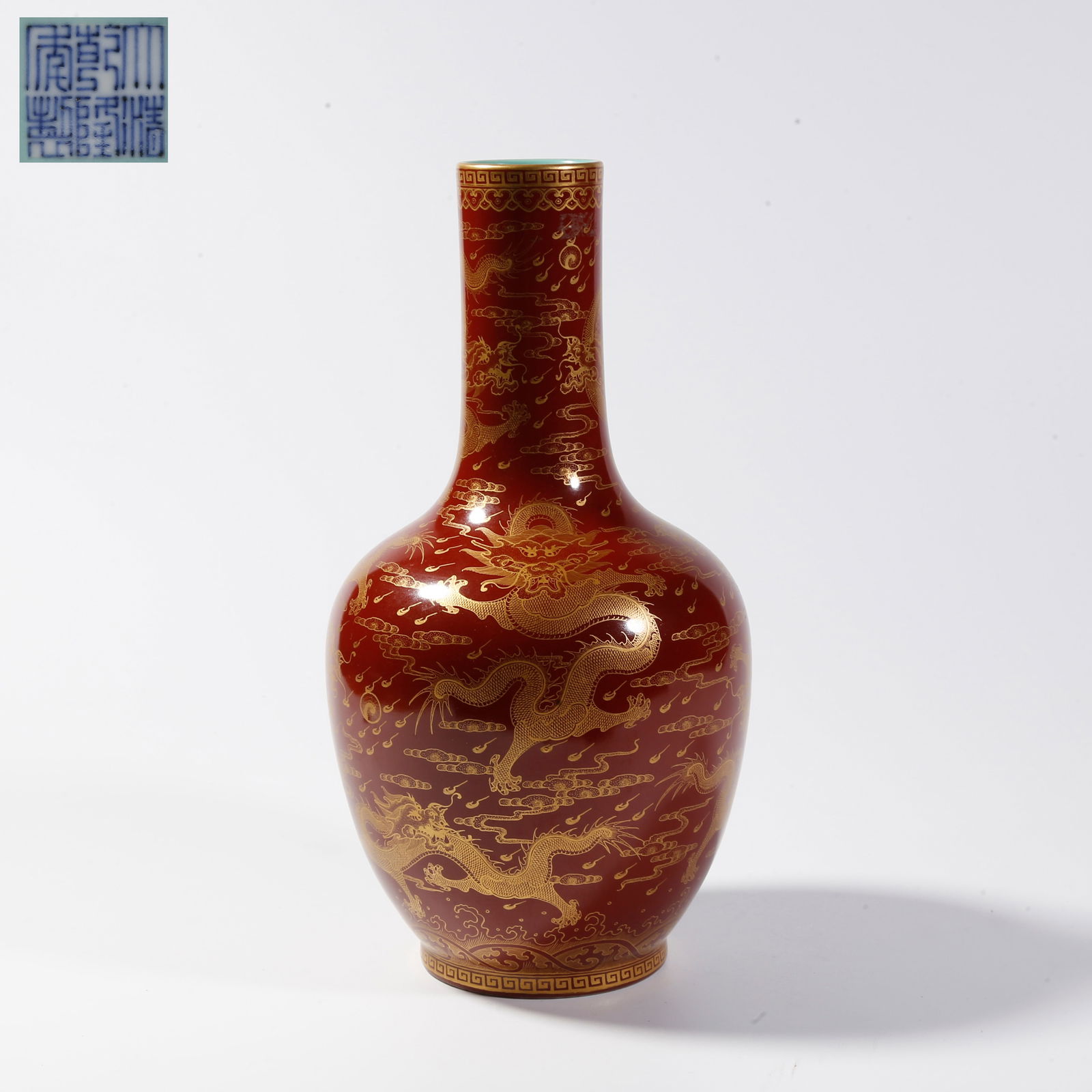 A CORAL-RED GROUND GILT CLOUD-AND-DRAGON MOTIF VASE (SHANGPING): Coral-Red Ground Gilt Cloud-and-Dragon Motif Vase (shangping)