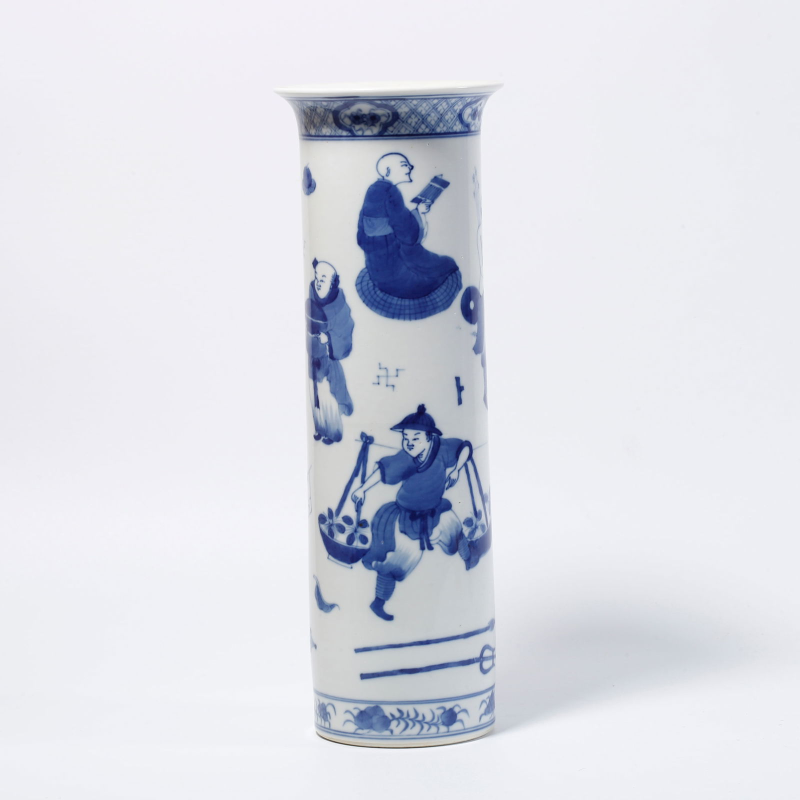 A BLUE AND WHITE FLOWER HOLDER WITH FIGURE STORY DESIGN: Blue and white flower holder with figure story design