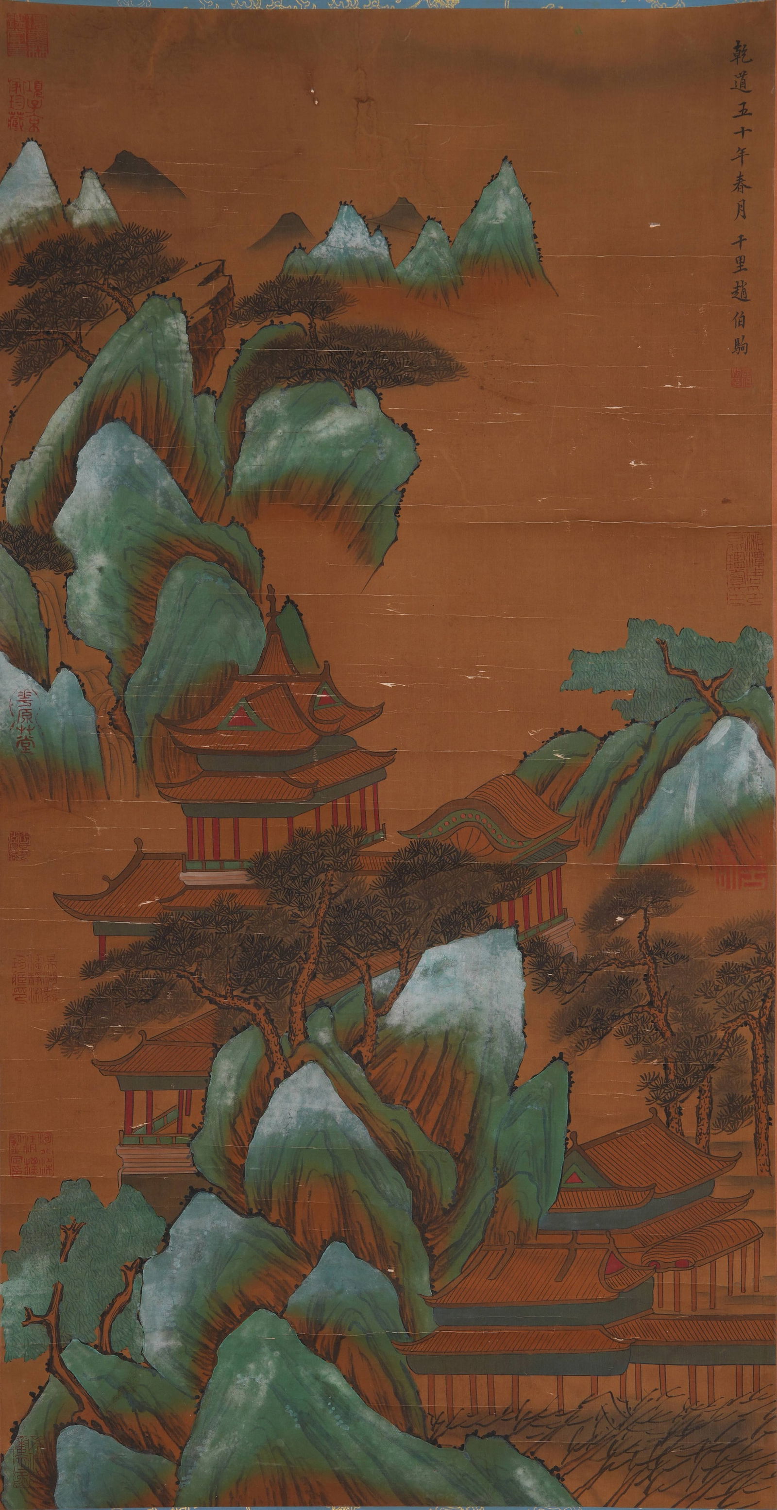 A LANDSCAPE WITH PAVILIONS PAINTING ON SILK BY ZHAO BOJU.趙伯駒: Landscape with Pavilions Painting on Silk by Zhao Boju.趙伯駒
