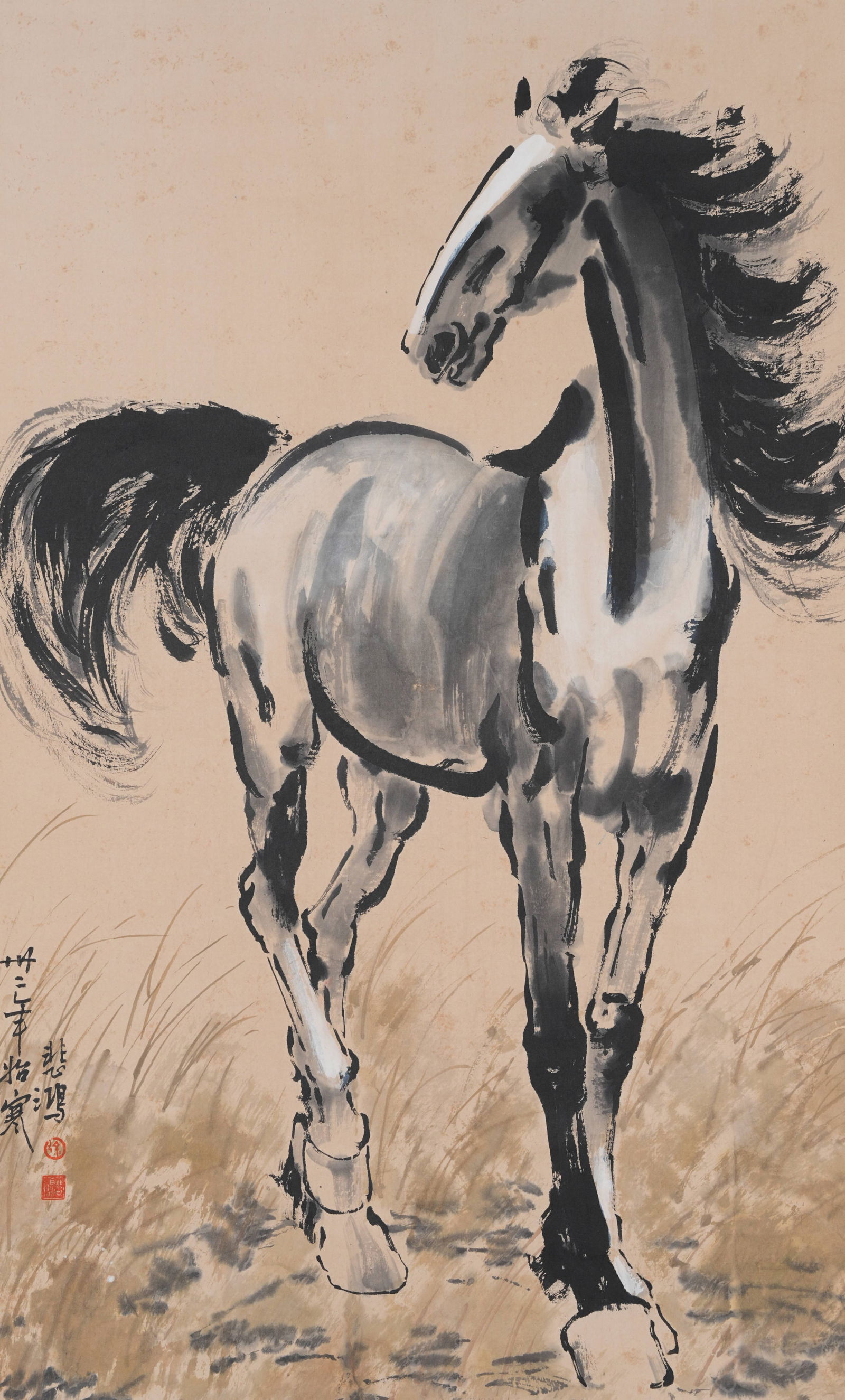A GALLOPING HORSE PAINTING ON PAPER BY XU BEIHONG.徐悲鴻: Galloping Horse Painting on Paper by Xu Beihong.徐悲鴻