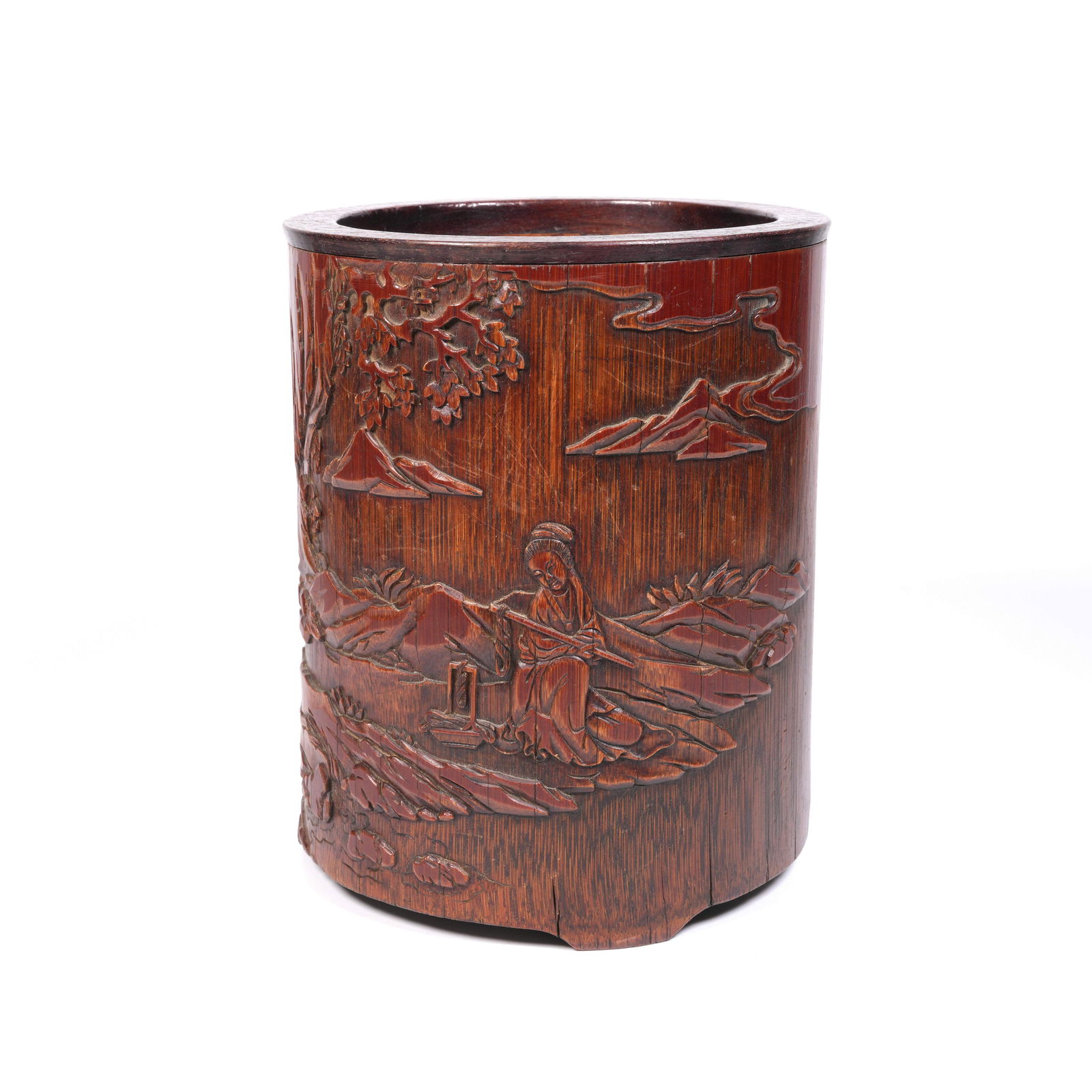 A BAMBOO-ROOT CARVED BRUSH POT WITH "LADY UNDER PINES" SCENE: Bamboo-Root Carved Brush Pot with "Lady under Pines" Scene