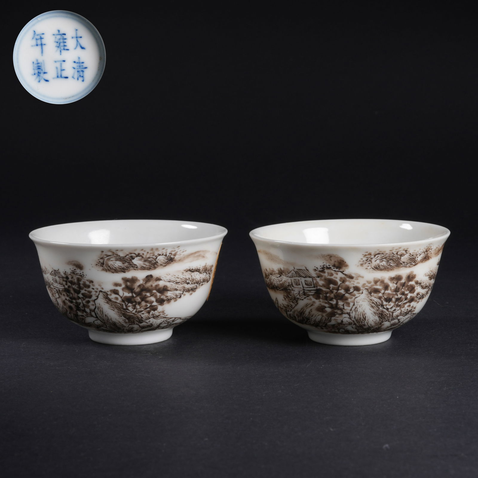 A SET OF INK-ENAMEL LANDSCAPE CUPS: Set of ink-enamel landscape cups