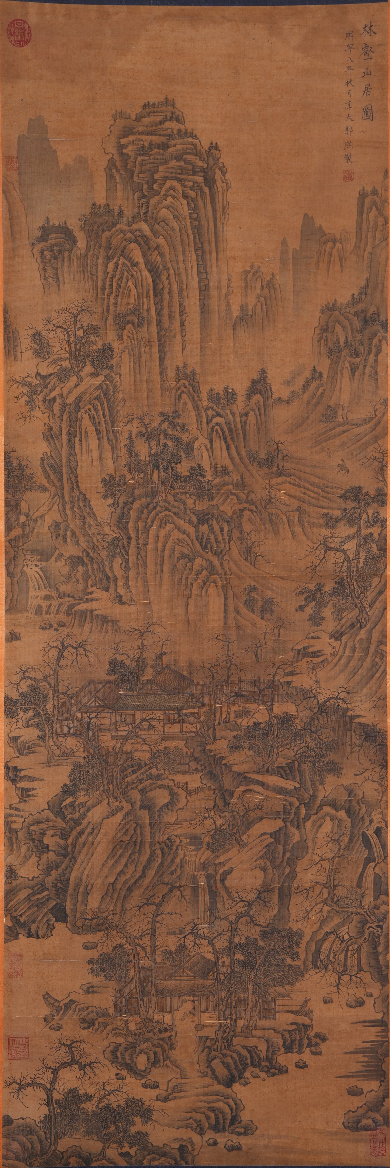 A LANDSCAPE WITH PAVILIONS PAINTING ON SILK BY GUO XI.郭熙: Landscape with Pavilions Painting on Silk by Guo Xi.郭熙