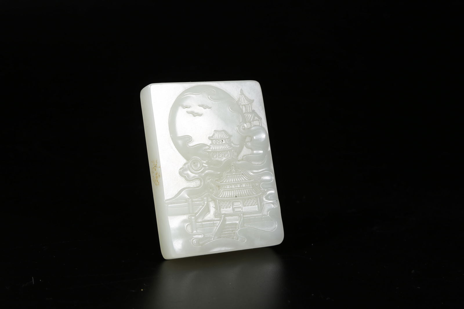 A HETIAN JADE PLAQUE WITH PAVILION MOTIF: Hetian jade plaque with pavilion motif