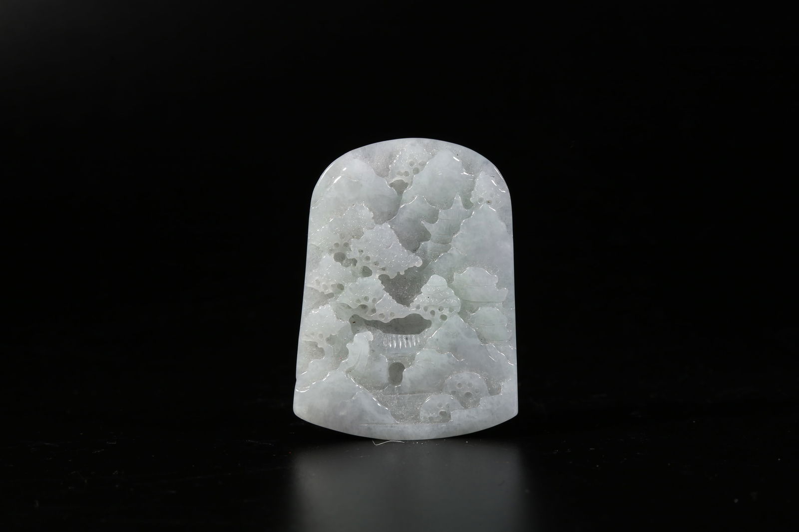 A JADEITE PLAQUE WITH LANDSCAPE AND PAVILION MOTIF: Jadeite plaque with landscape and pavilion motif