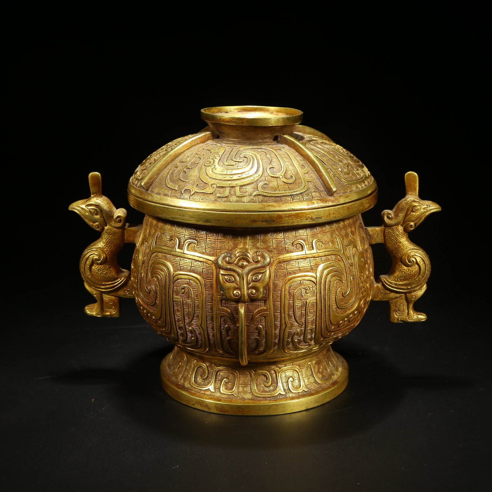 A GILDED BRONZE PHOENIX-HANDLED CENSER: Gilded Bronze Phoenix-Handled Censer
