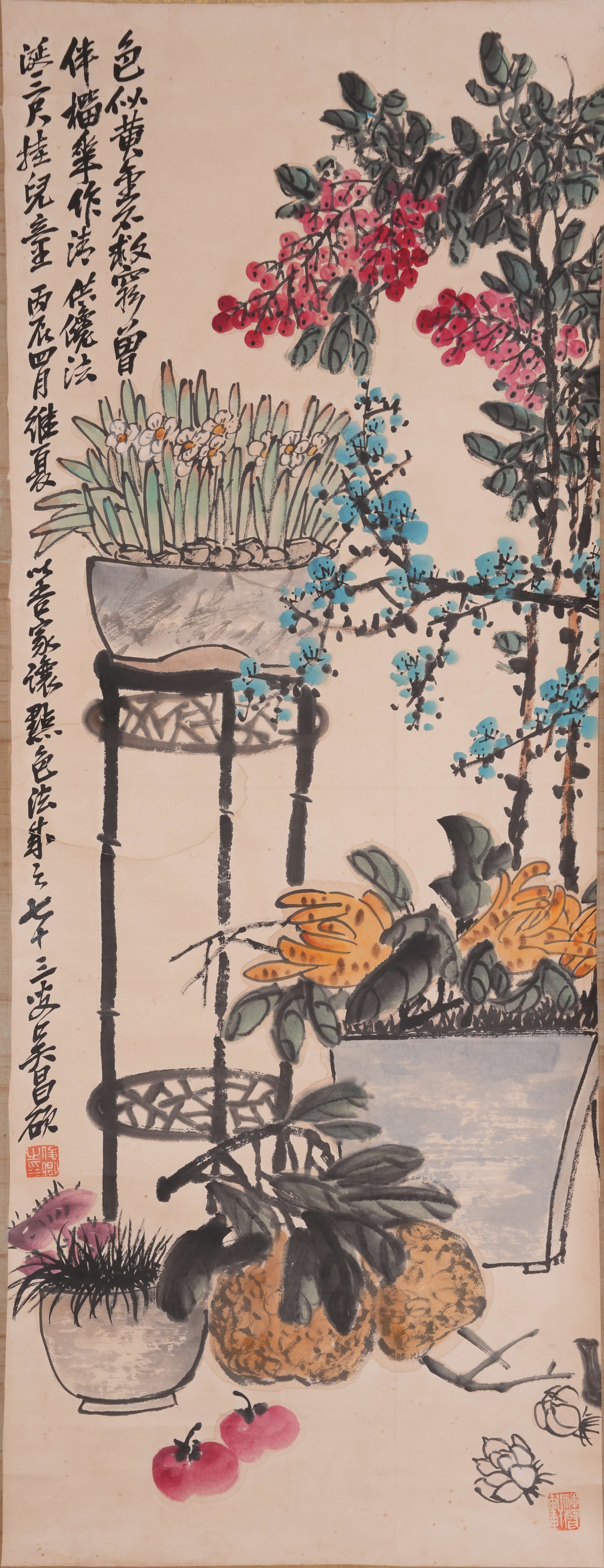 A FLOWER-AND-FRUIT PAINTING ON PAPER BY WU CHANGSHUO.吳昌碩: Flower-and-Fruit Painting on Paper by Wu Changshuo.吳昌碩