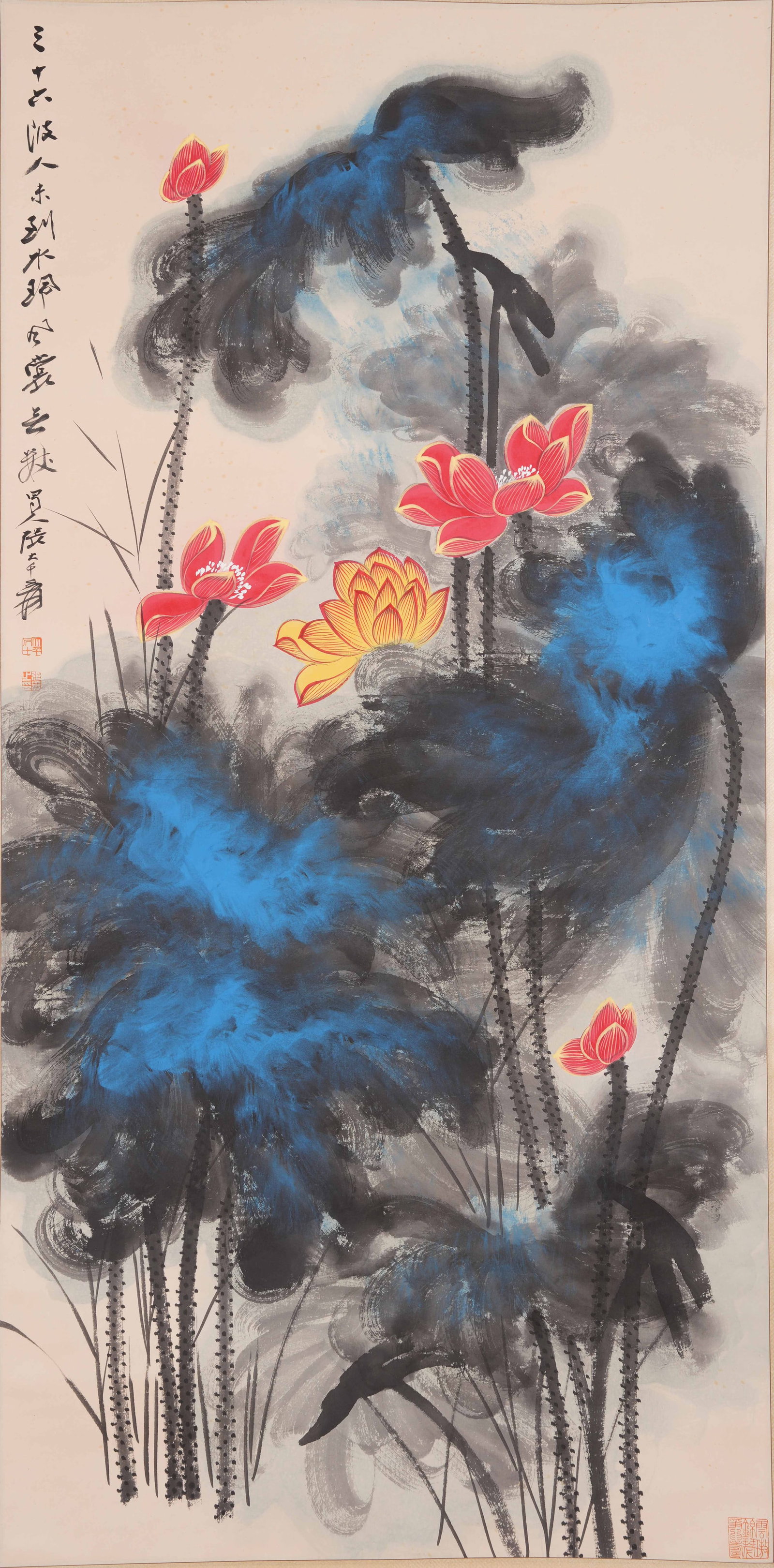 A SPLASH-COLOR LOTUS PAINTING ON PAPER BY ZHANG DAQIAN.張大千: Splash-Color Lotus Painting on Paper by Zhang Daqian.張大千