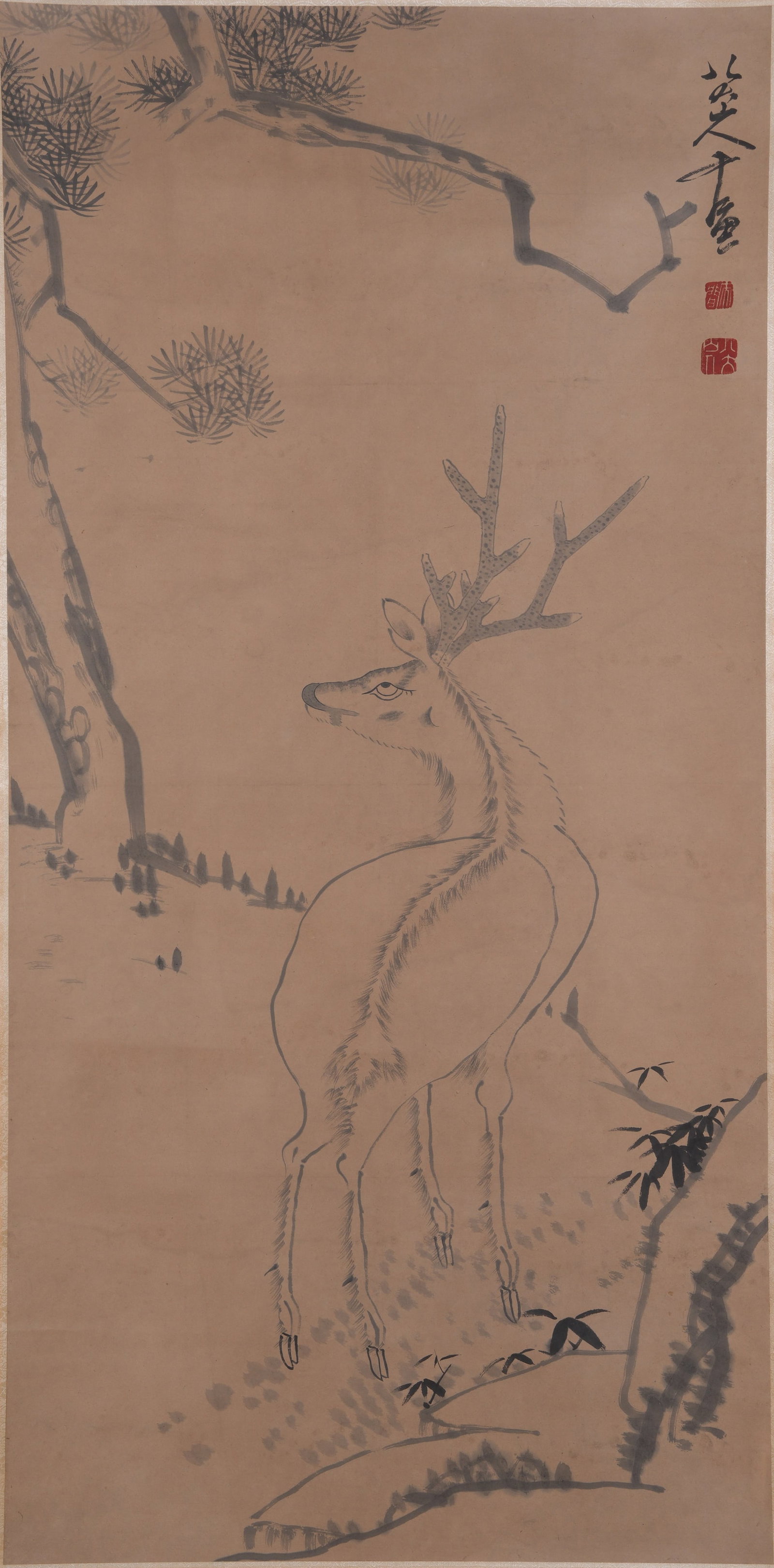A SPIRITUAL DEER PAINTING ON PAPER BY BADA SHANREN.八大山人: Spiritual Deer Painting on Paper by Bada Shanren.八大山人