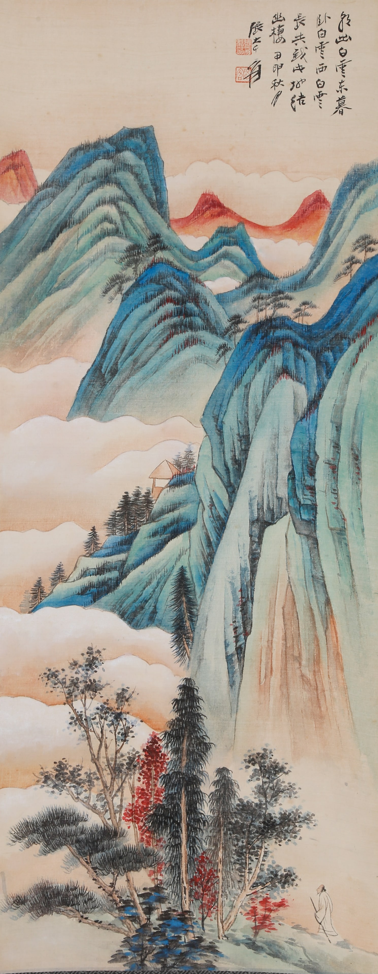 A LANDSCAPE PAINTING ON SILK BY ZHANG DAQIAN.張大千: Landscape Painting on Silk by Zhang Daqian.張大千