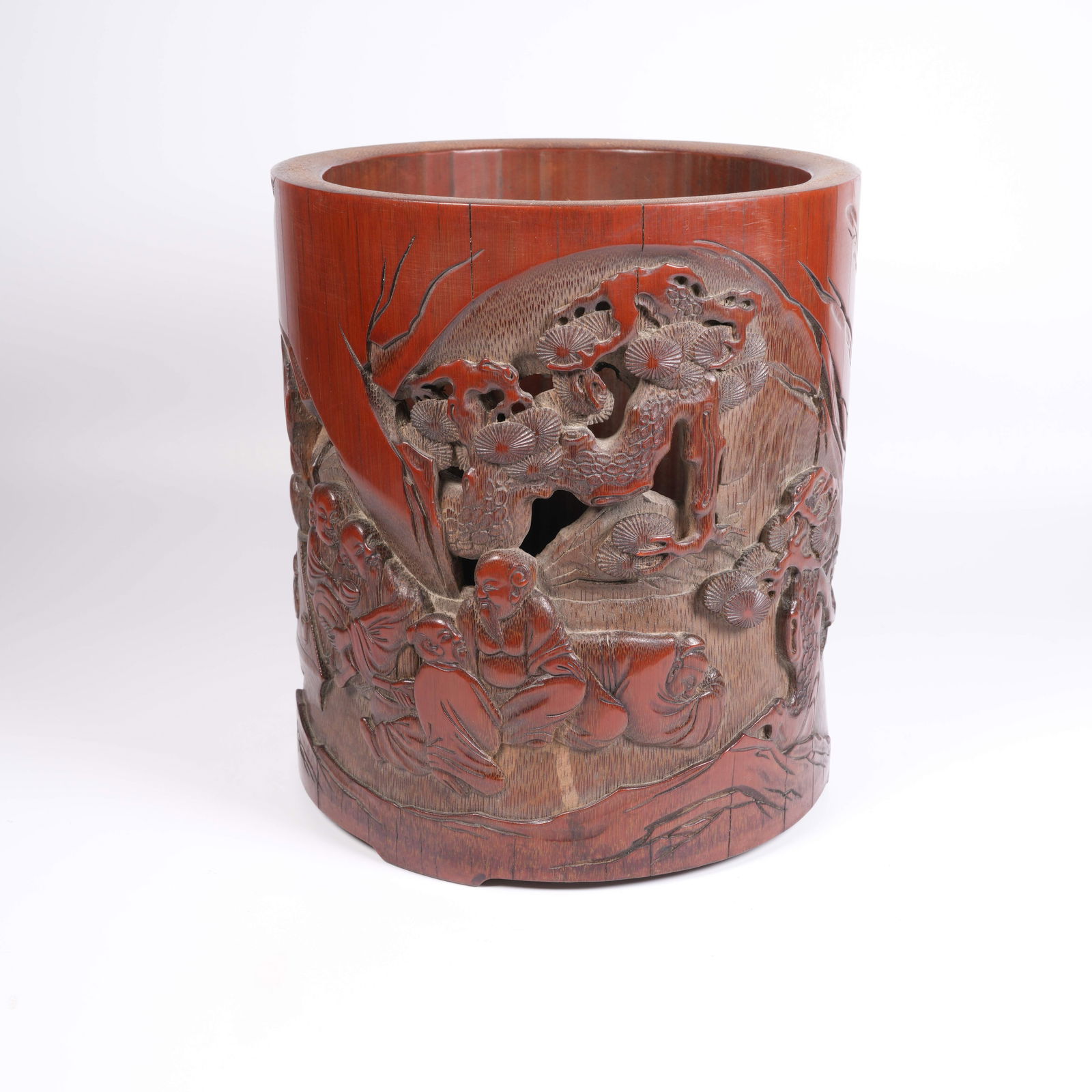 A BAMBOO-CARVED BRUSH POT WITH "ELEGANT GATHERING UNDER PINES" SCENE: Bamboo-Carved Brush Pot with "Elegant Gathering under Pines" Scene