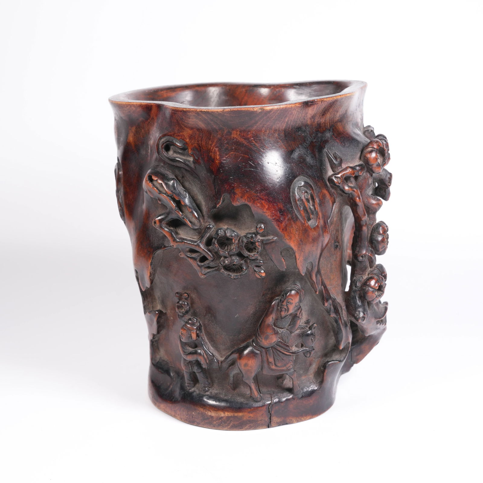 A ZITAN BRUSH POT WITH FIGURAL NARRATIVE SCENES: Zitan Brush Pot with Figural Narrative Scenes