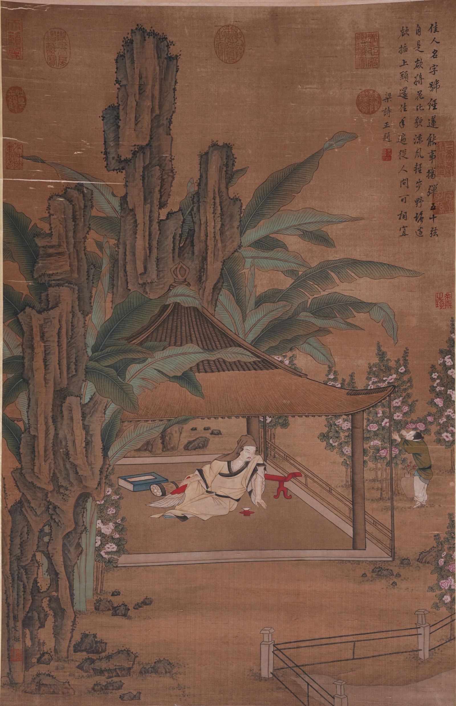 A SCHOLAR PAINTING ON SILK BY ZHOU WENJU.周文矩: Scholar Painting on Silk by Zhou Wenju.周文矩